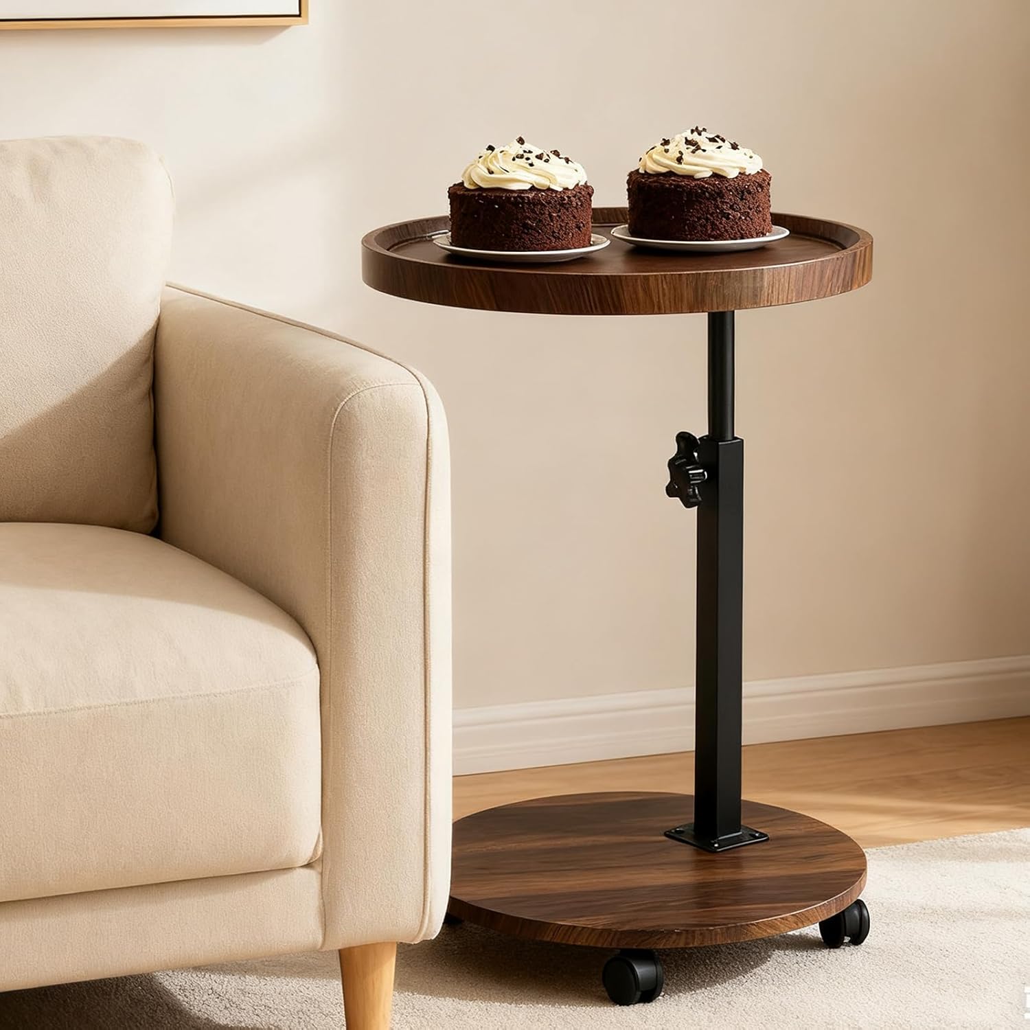 C Table End Table Adjustable Height, Couch Tables that Slide Under for Small Spaces, 360°Swivel TV Tray Table, C Shaped Side Tables Living Room and Bedroom for Sofa, Bed, Chair, Snack (Walnut Brown)