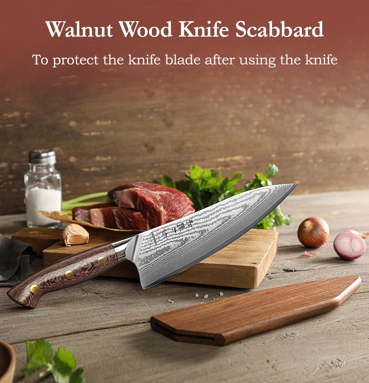 HEZHEN Damascus Chef Knife with Sheath, 8.3 Inches, 67 Layers Dmascus Steel Japanese Kitchen Knifefor Professional Chefs and Family, Micarta Handle,Gift Ready