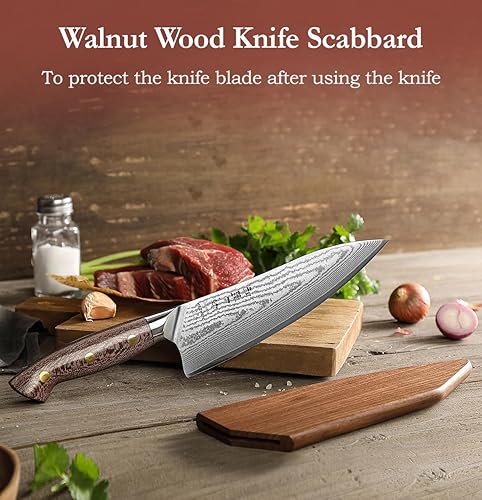 Miniatura 8 de HEZHEN Cuchillo de chef de Damasco con funda, 8.3 pulgadas, 67 capas, cuchillo de cocina japonés de acero Dmascus para chefs profesionales y