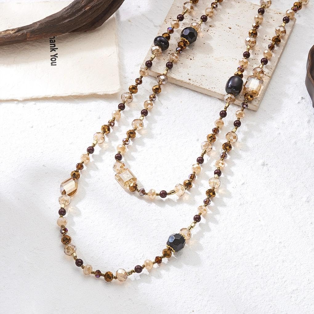 Boho Long Layered Brown Beaded Chain Necklace for Women,Vintage Adjustable Y Shaped Crystal Endless Wrap Necklace Jewelry Accessories Gifts