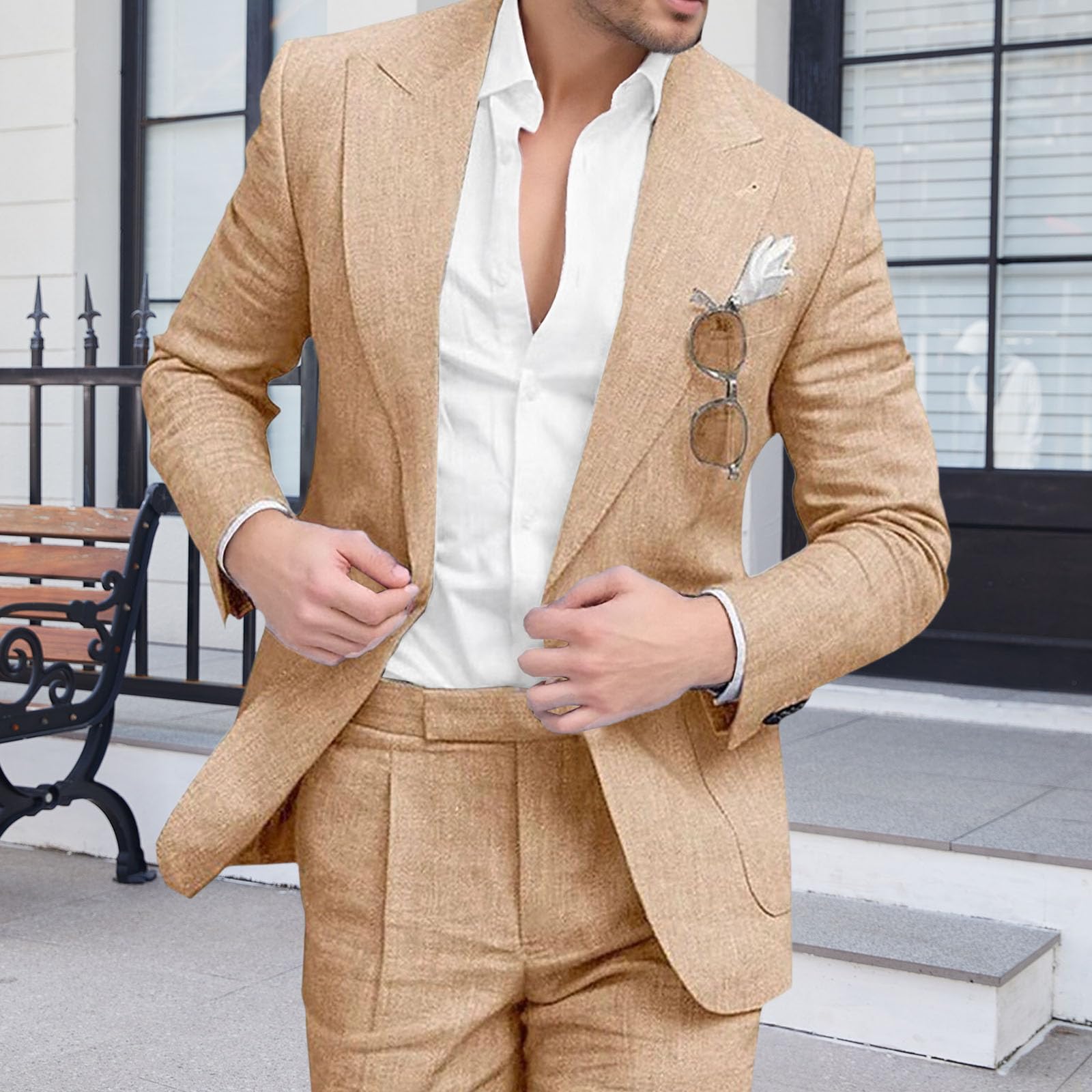 Traje de Novio de Lino Ajustado para Hombre, para Boda, Formal, 2 Piezas