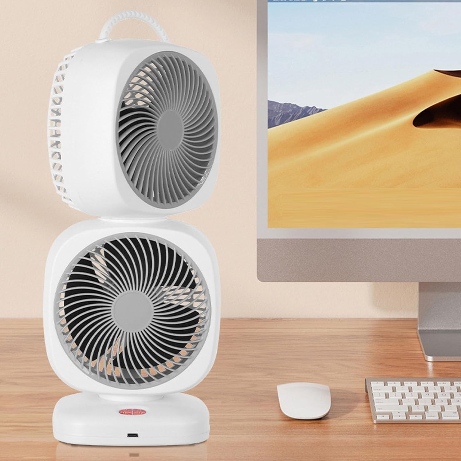 Double Layer Tower Fan, Portable Desk Fan, Gray, 5 Speeds, Rechargeable 2400mAh Battery - Powerful Airflow, Ultra Wide Oscillation, Ideal for Home and Camping