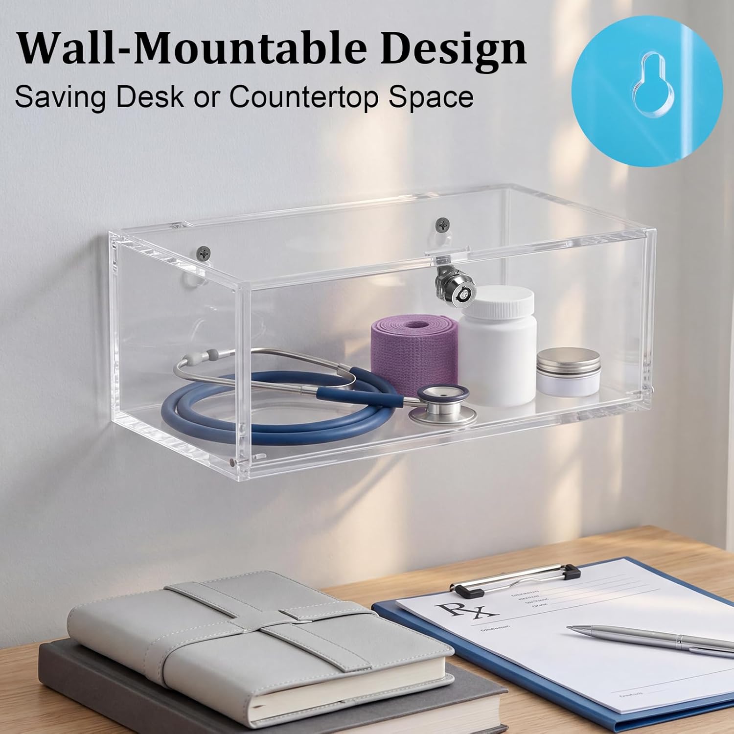 JUXYES Acrylic Clear Refrigerator Medicine Organizer Box with Lid and Lock for Wall and Tabletop - Transparent Medicine Storage Bin - Stackable Fridge Lockable Pill Container for Medical Supplies, S