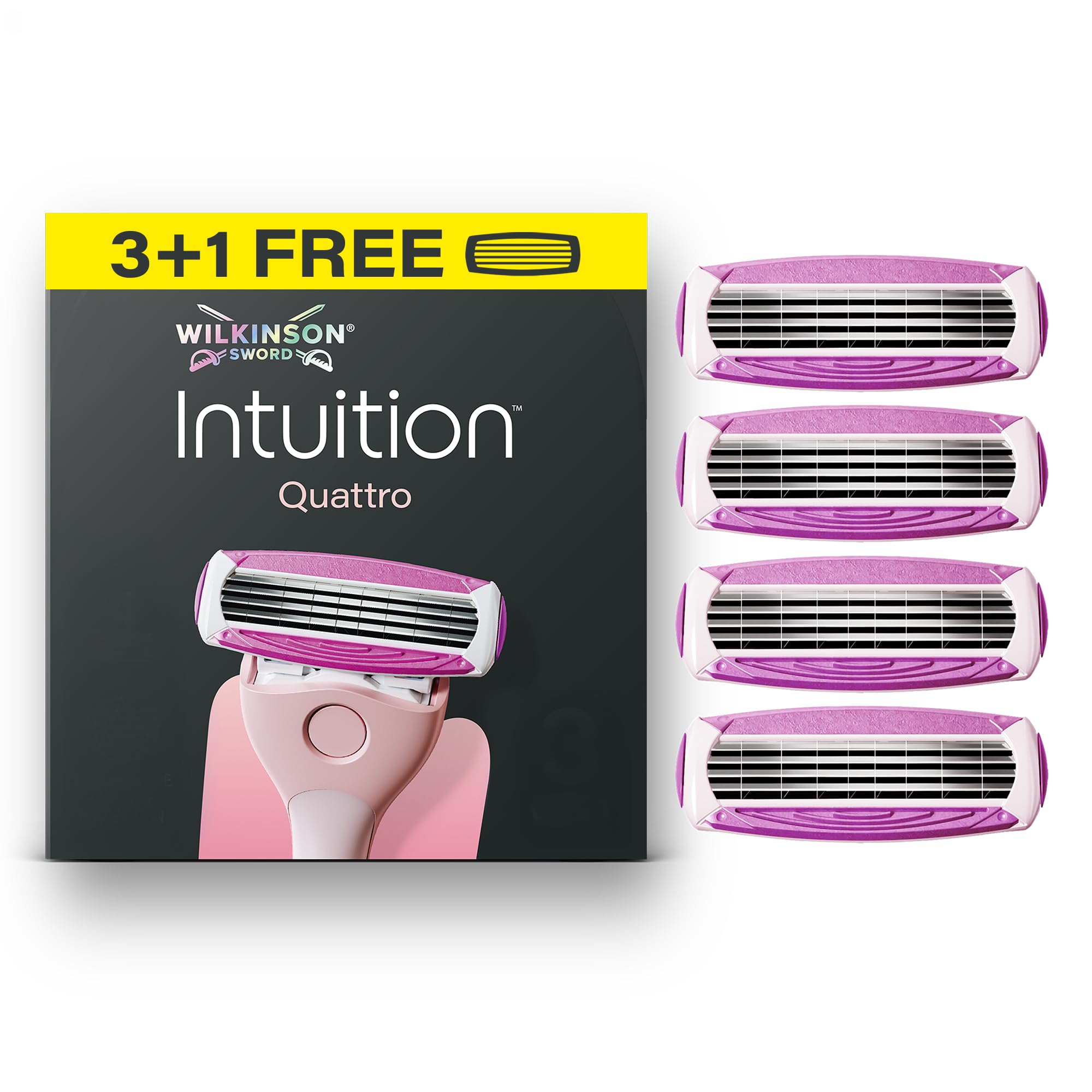 Wilkinson Sword Intuition Quattro Razors for Women, 3 Women’s Razor Blade Refills Plus 1 Bonus