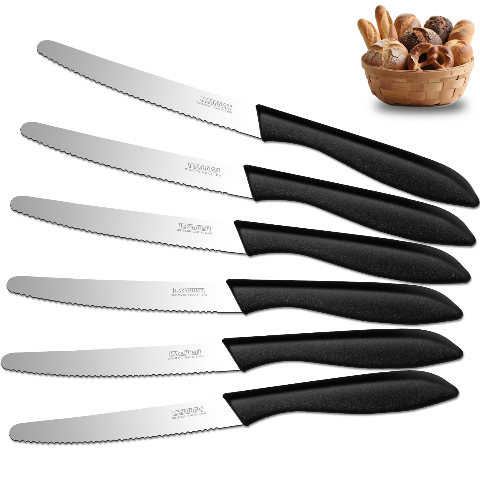 LAZAHOME 6 Frühstücksmesser,Wellenschliff,Edelstahl,Kunststoffgriff,Schwarz