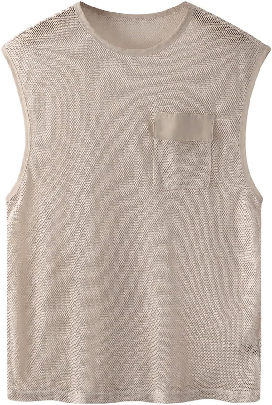 WDIRARA Men's Fishnet Sheer Mesh See Through Round Neck Sleeveless Party Club Tank Top with Pocket