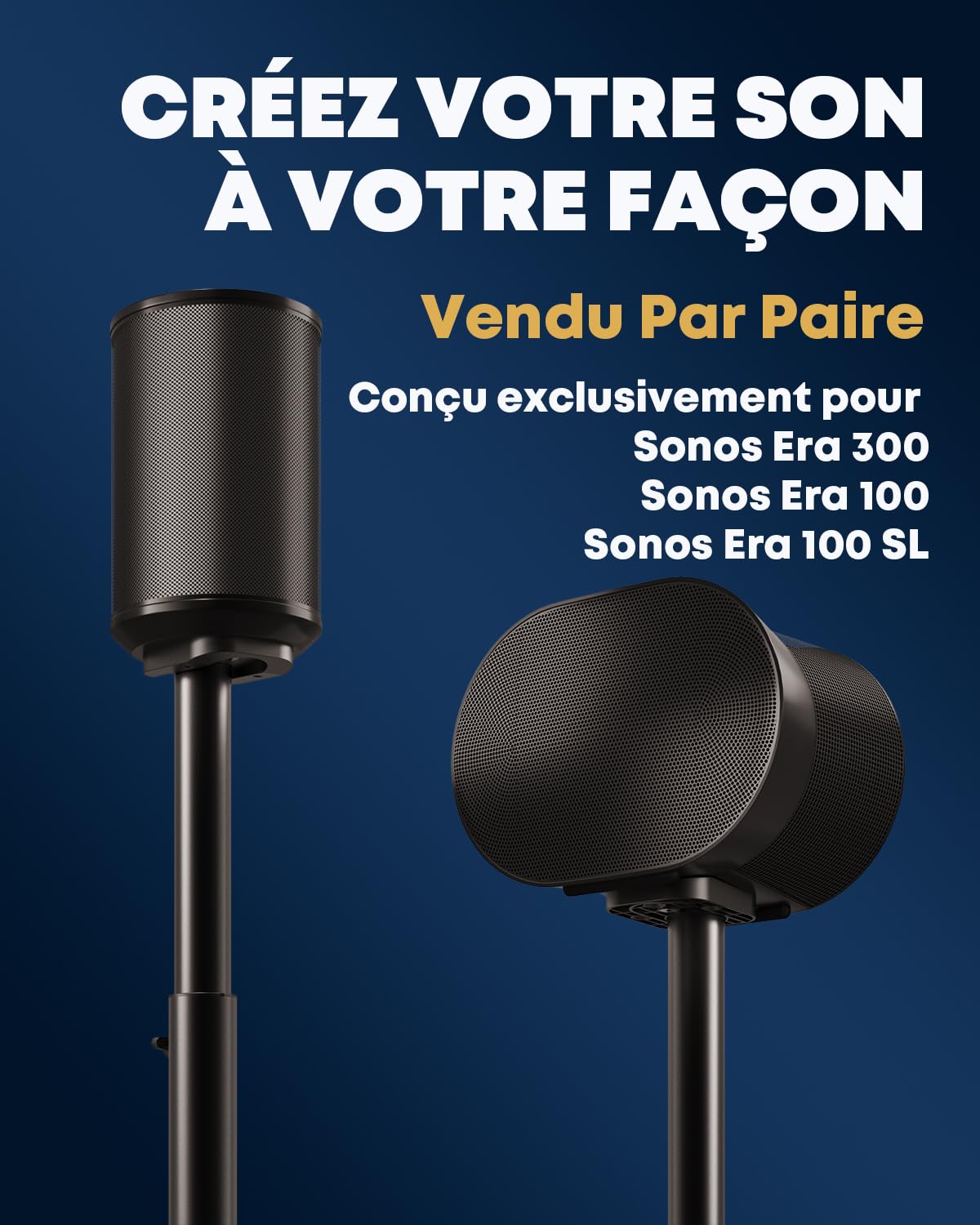 Lot de 2 pieds d’enceintes compatibles avec Sonos Era 100 SL, Era 100 et Era 300, hauteur réglable 74–99 cm, supports en métal stables avec gestion des câbles, pour salon et home cinéma