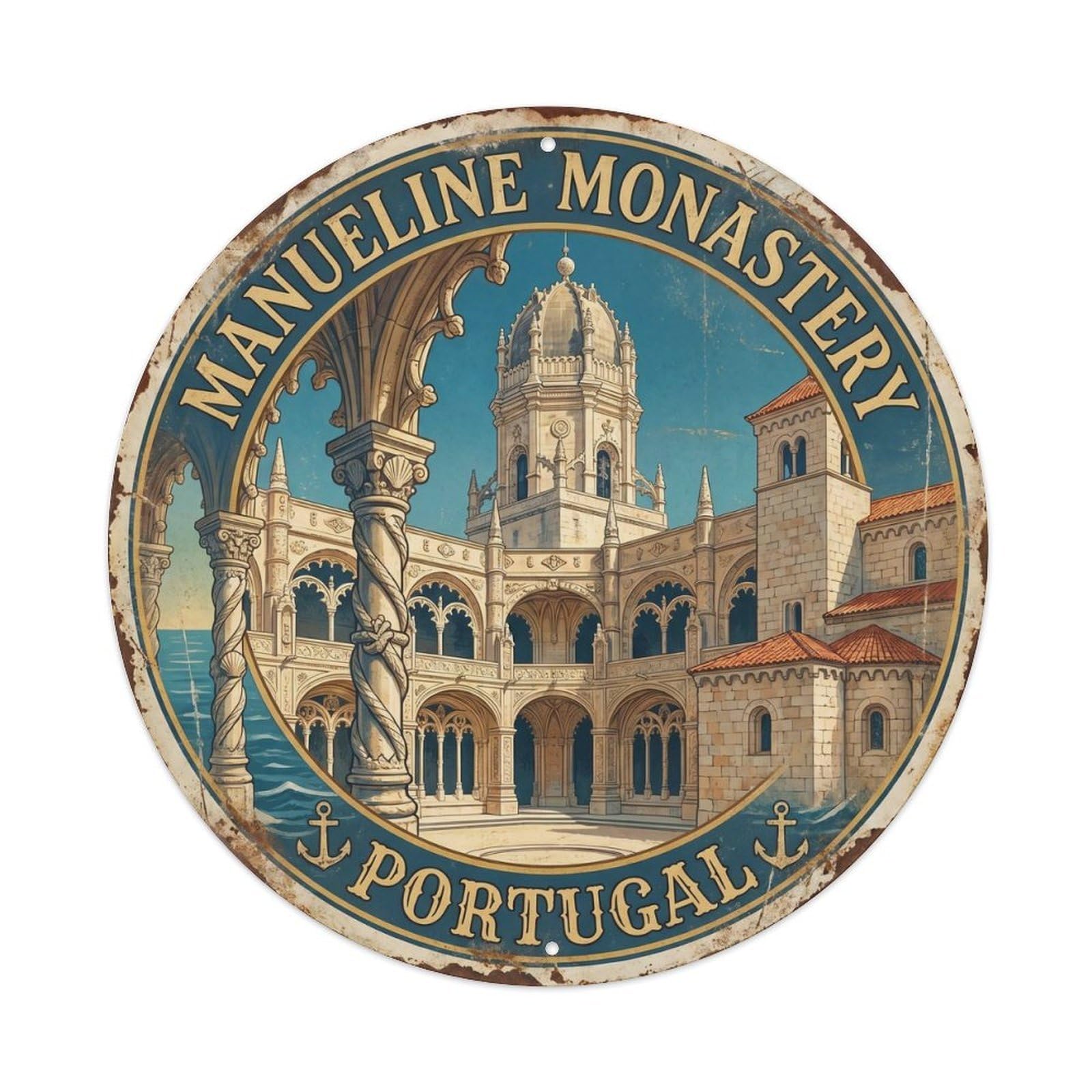 Vintage Travel Manueline Monastery Portugal Metal Tin Sign Plaque Wall Decor for Cafe, Club, Garden Round Metal Poster 8x8Inch