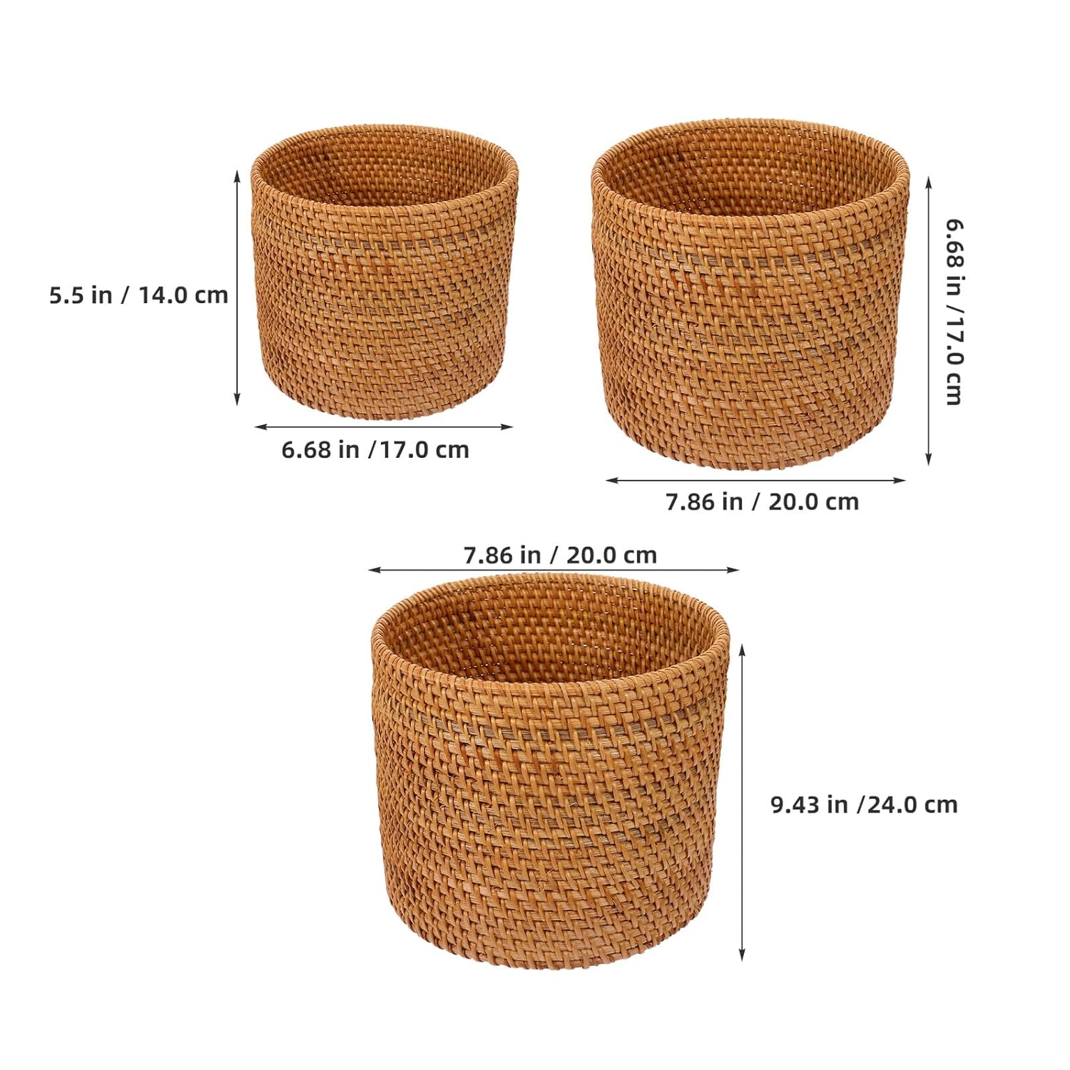 Sewroro 3pcs Round Woven Desktop Storage Basket Set, Rattan Trash Can for Bedroom, Bathroom, and Kitchen, Medium and Small Sizes, Handwoven Household Wastebasket for Office and Home Use