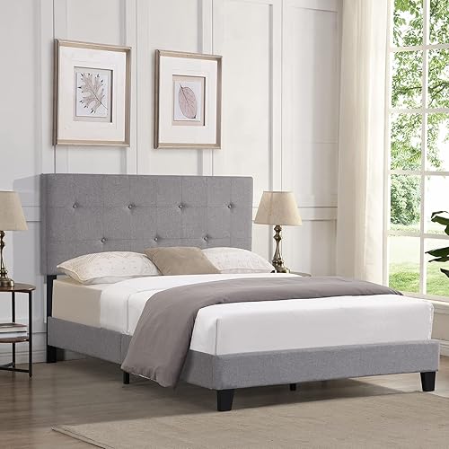 Base de cama tapizada de tamaño Queen con cabecera copetuda de tela, soporte de listones de madera fuerte, base de colchón, no necesita somier, para