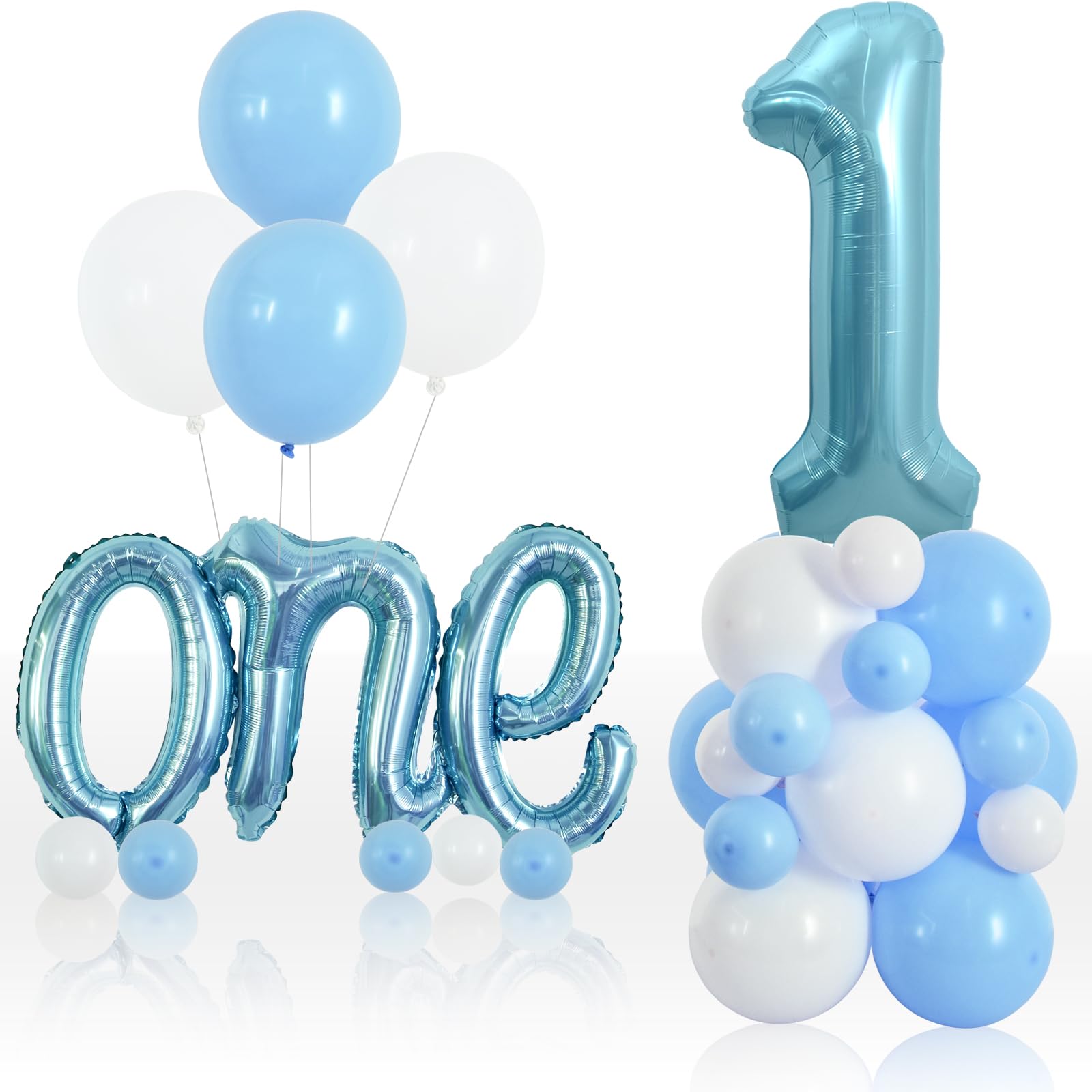 TONIFUL 27 PCS 1st Birthday Balloons Set,40 Inch Light Blue Number 1 Balloon Light Blue One Letter Foil Balloon White Light Blue Balloons for Kids