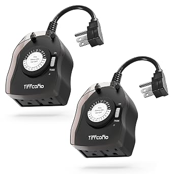 TiFFCOFiO Outdoor Timer Outlet for Lights, 24 Hour Mechanical, Outdoor Light Timer Waterproof, 2 Grounded Outlets for Home and Garden, 15A 1/2HP, Heavy Duty, CSA Listed 2 Pack