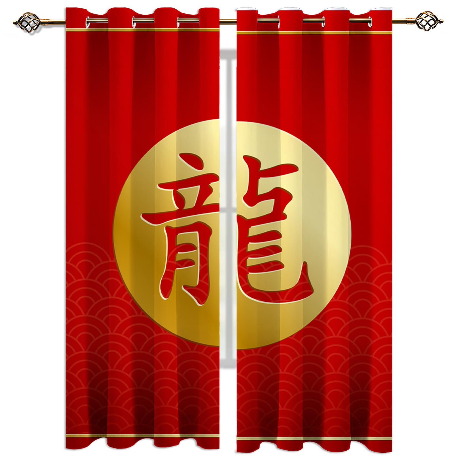AOLIPU Chinese Character Red Dragon Window Treatment Set, Simple Golden Circle Blackout Curtains, Darkening Thermal Insulated Drapes for Bedroom Living Room - 52" W x 96" L x 2 Panels