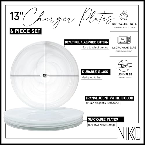 Miniatura 2 de Vikko Platos cargadores, juego de 4 platos llanos de alabastro blanco, plato de 13 pulgadas con diseño marbelizado, diseño de remolino, elegante