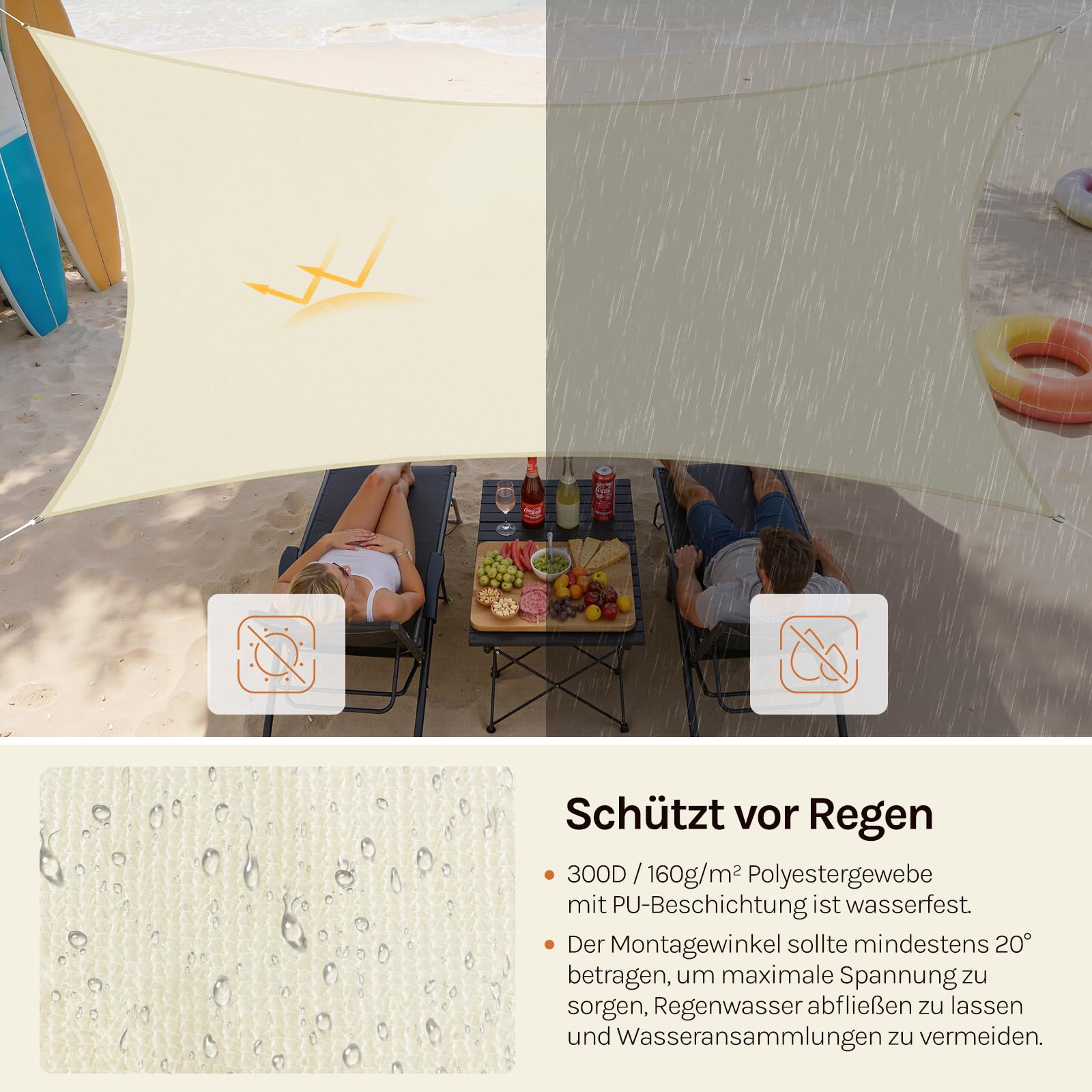 WOLTU Sonnensegel Rechteck 4x6m Creme wasserabweisend Sonnenschutz Polyester Windschutz mit UV Schutz für Garten Terrasse Camping