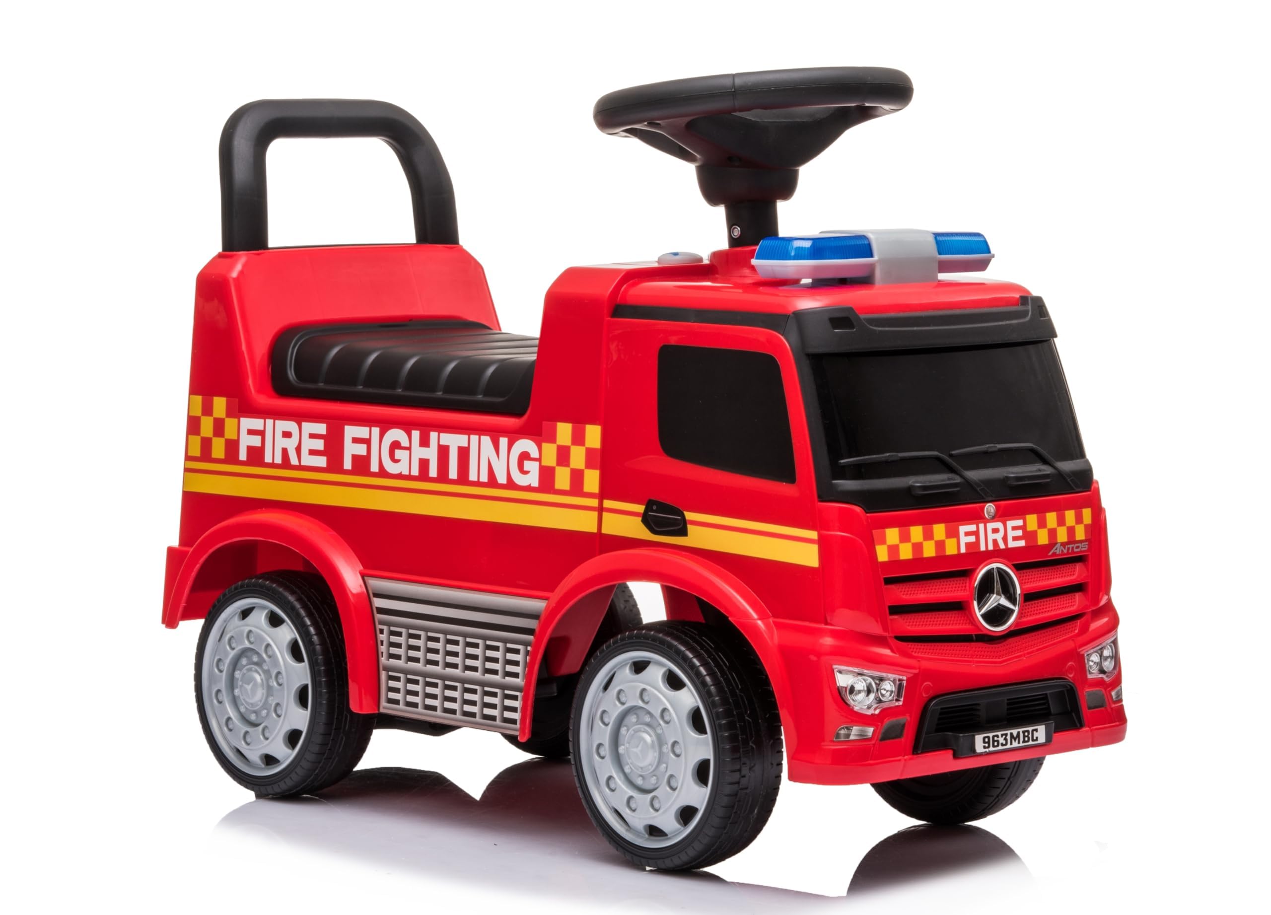 Camion Pompieri Cavalcabile Primi Passi per Bambini 1‑3 Anni con Licenza Mercedes – Sirena, Clacson, Schienale Ergonomico, Vano Portaoggetti, Antiribaltamento
