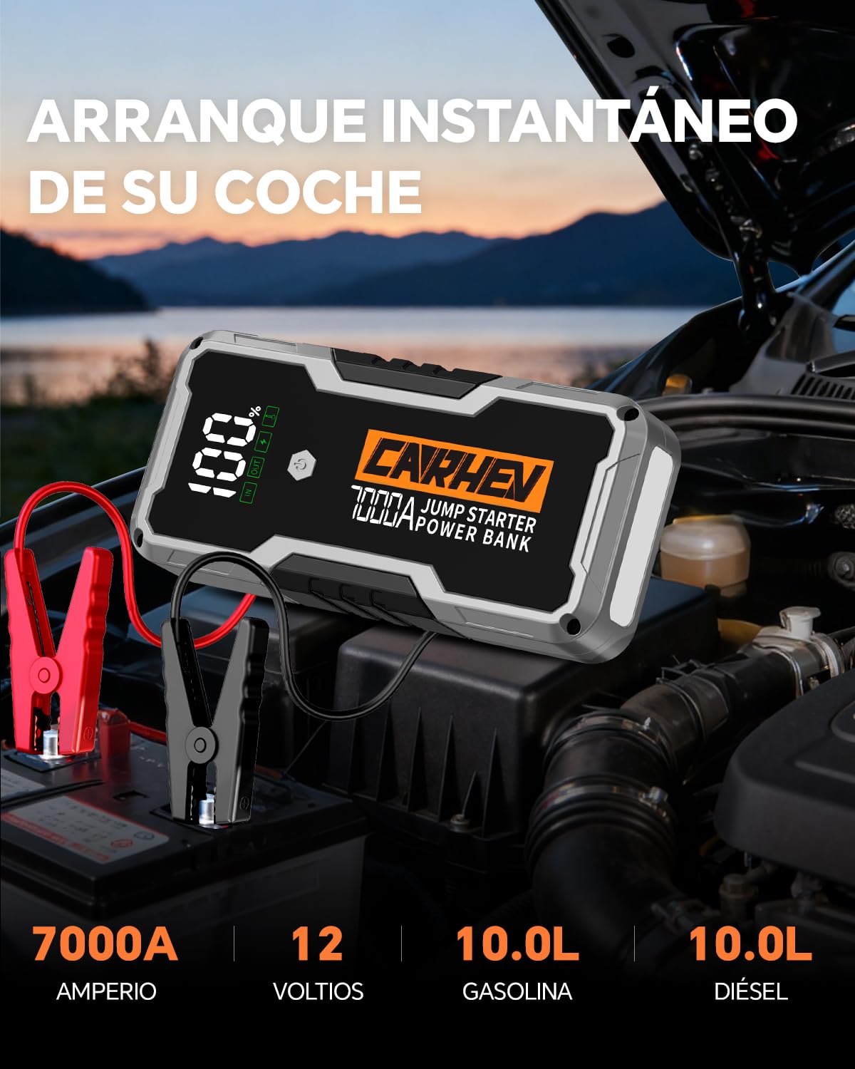 CARHEV Arrancador de Coches 7000A, 12V Arrancador de Bateria de Coche Portátil Compatible con Motores de Gasolina y diésel de hasta 10 litros, Jump Starter con Linterna LED y Pinzas bateria Coches