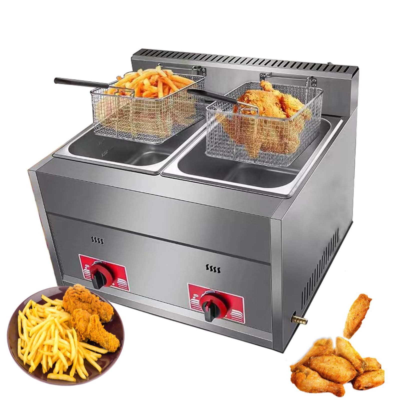 DoubleZone - Friggitrice a gas in acciaio inox da 12 l, con potenza di fuoco regolabile e cestelli fritti per patatine fritte perfettamente croccanti e patatine fritte da fast food