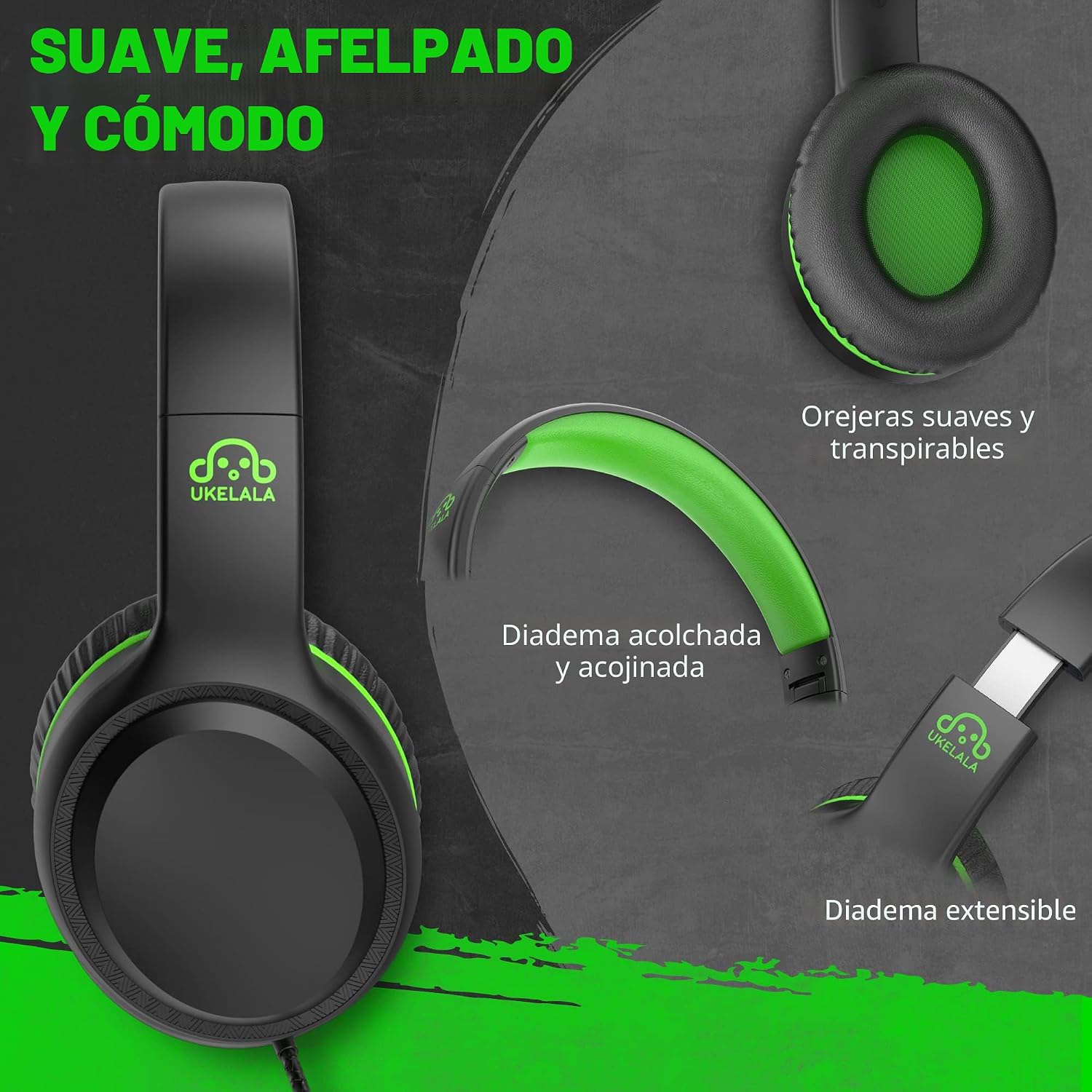 UKELALA Audífonos con cable para niños, verdes, foto 2