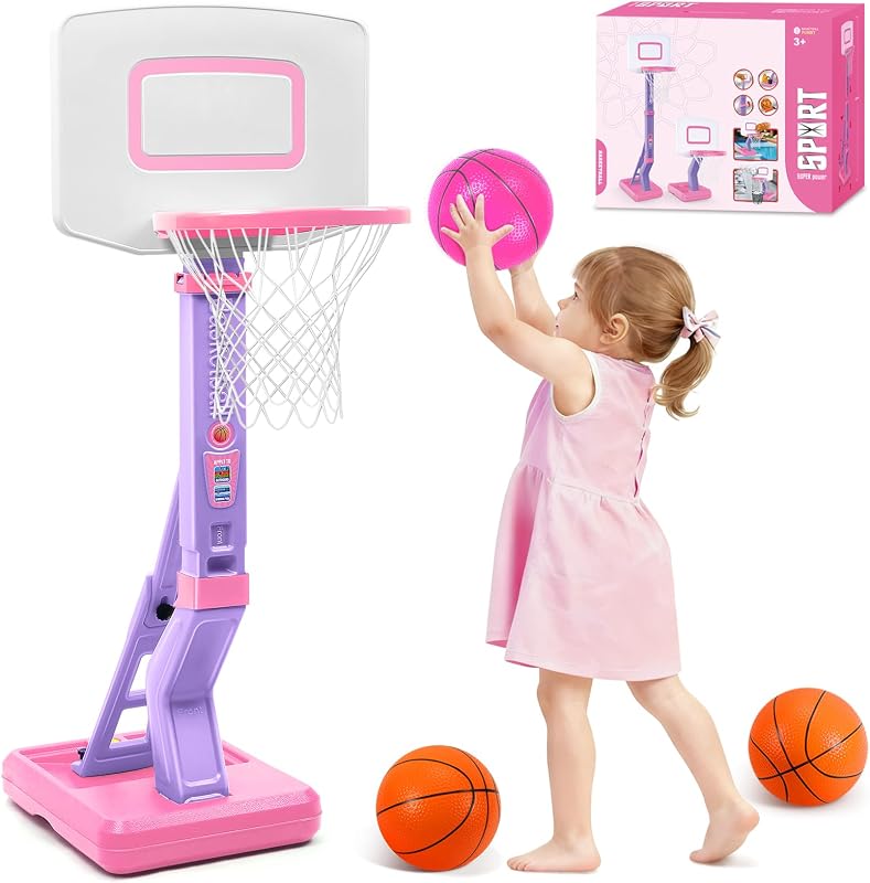 Toddler Basketball Hoop Set, Adjustable Kids Basketball Hoop for Boys Girls | Mini Basketball Hoop with 4 Balls & Pump, Height Adjustable 27.6-54 Inches, Birthday Christmas Toddler Toys for 3-6 Year Old
