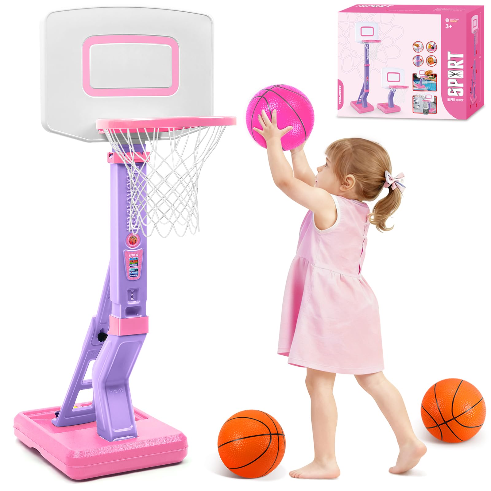 AOSPHYS Toddler Basketball Hoop Indoor Outdoor - Height Adjustable 27.6-54 Inches (5 Slots), Kids Basketball Hoop with 4 Inflatable Balls & Pump, Safe