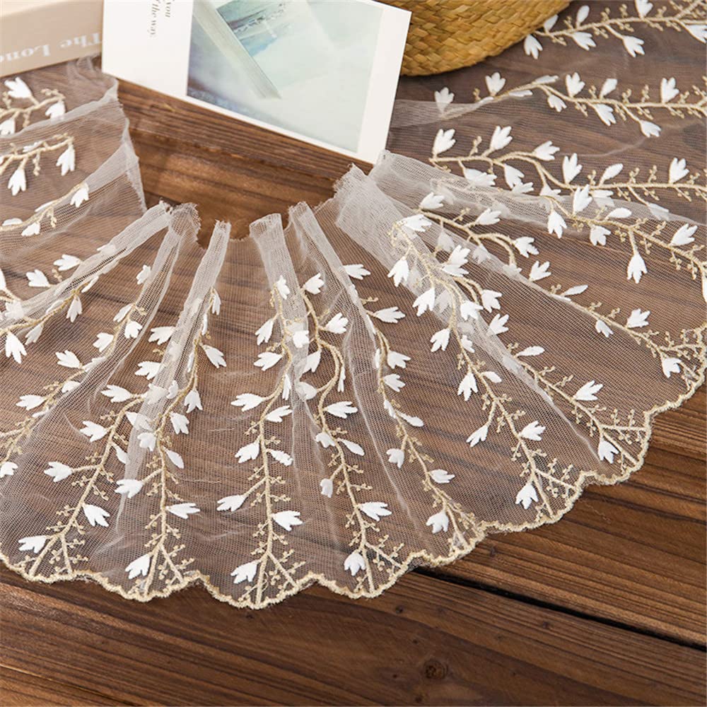 10 yards 18 cm de large Dentelle brodée dorée et blanche en tulle, ruban en dentelle, bordure en dentelle, bordure décorative en mousseline de soie, tissu vendu au mètre, pour la couture
