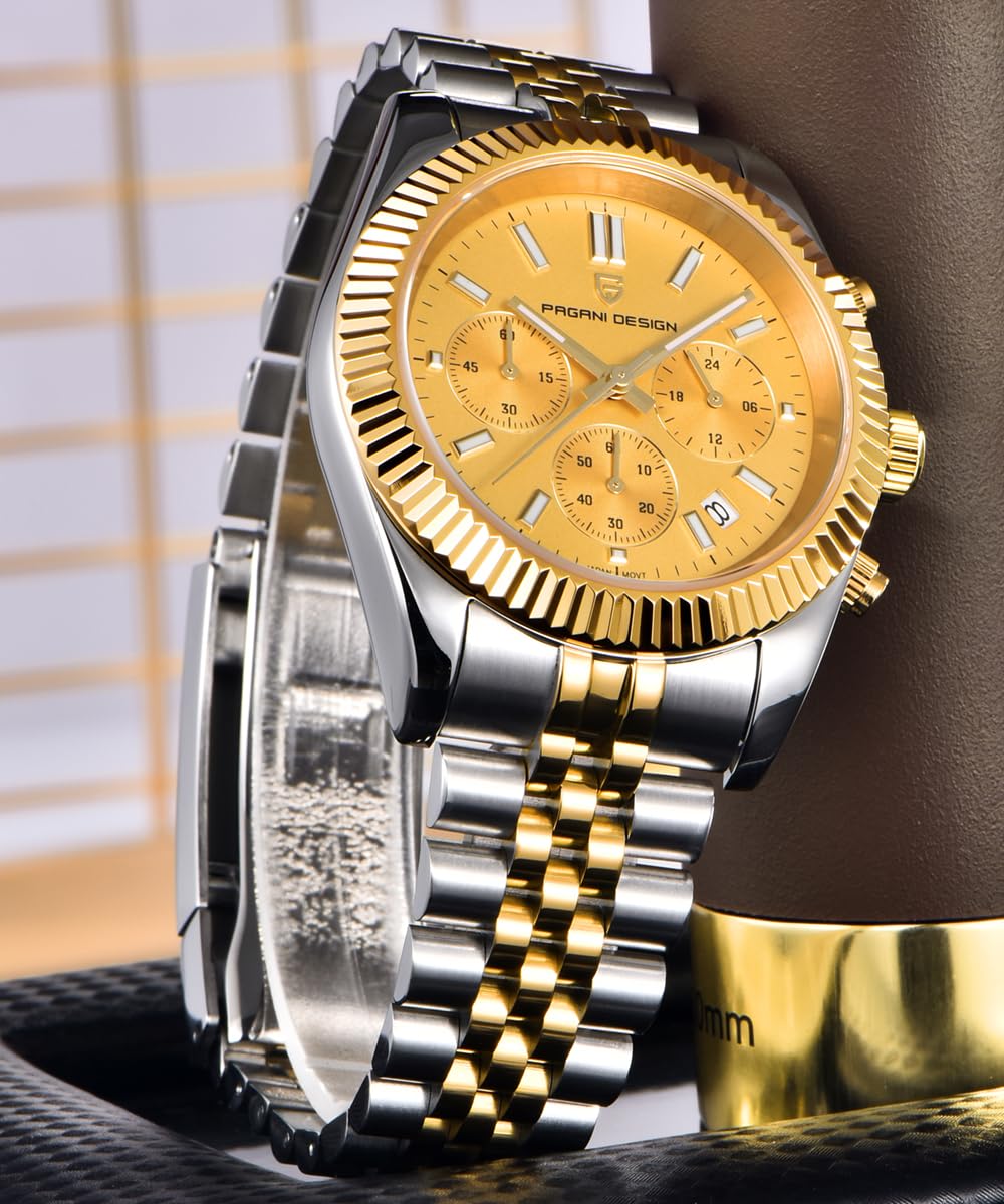 CEYADG Pagani Design - Reloj cronógrafo para Hombre, 40 mm, Reloj de Pulsera de Lujo para Negocios, Movimiento Japan VD53, Fecha, Dorado