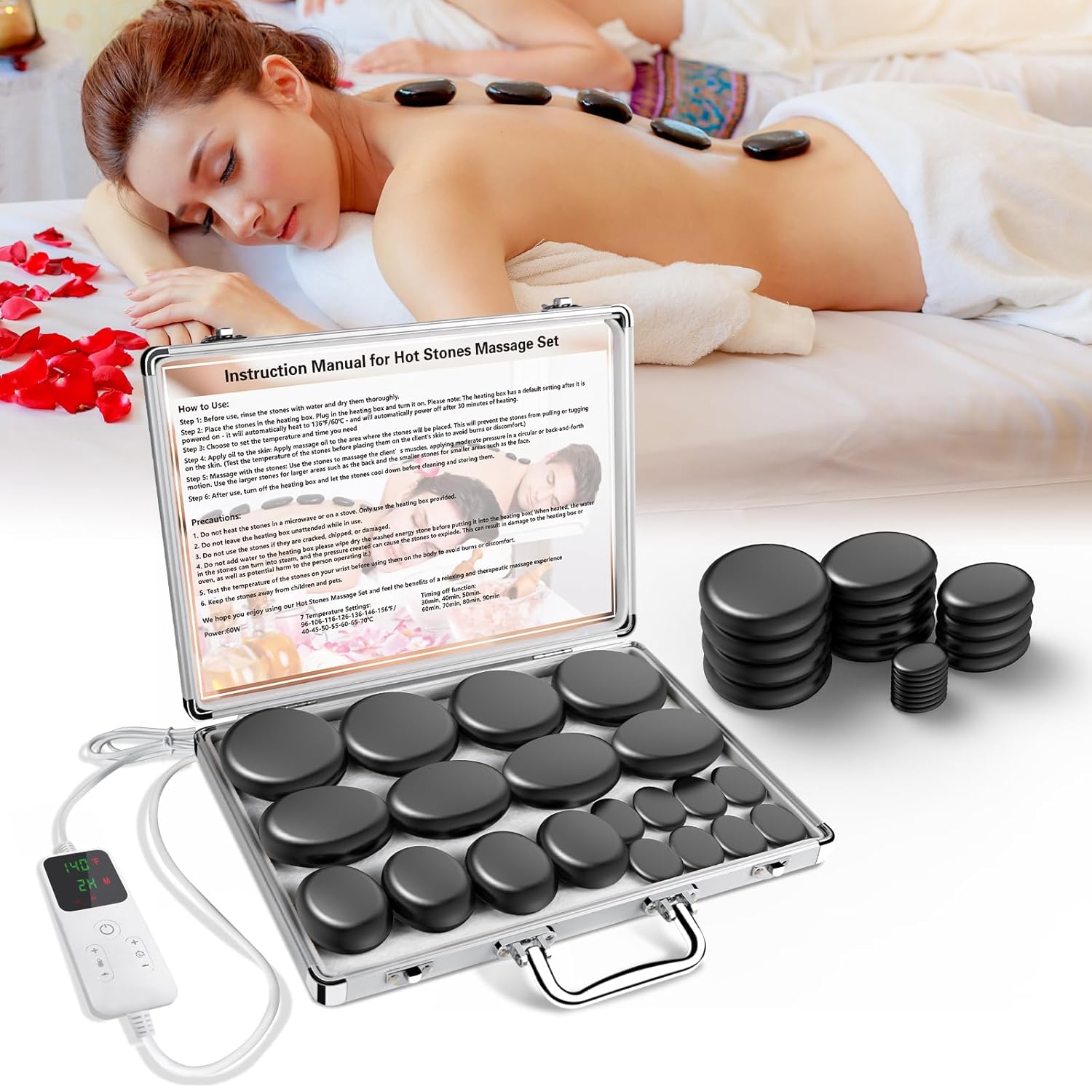 AICNLY Hot Stones Massage Set with Temperature Adjustment-20 Pcs Basalt Hot Stones with Heater Kit Professional Massage Tool