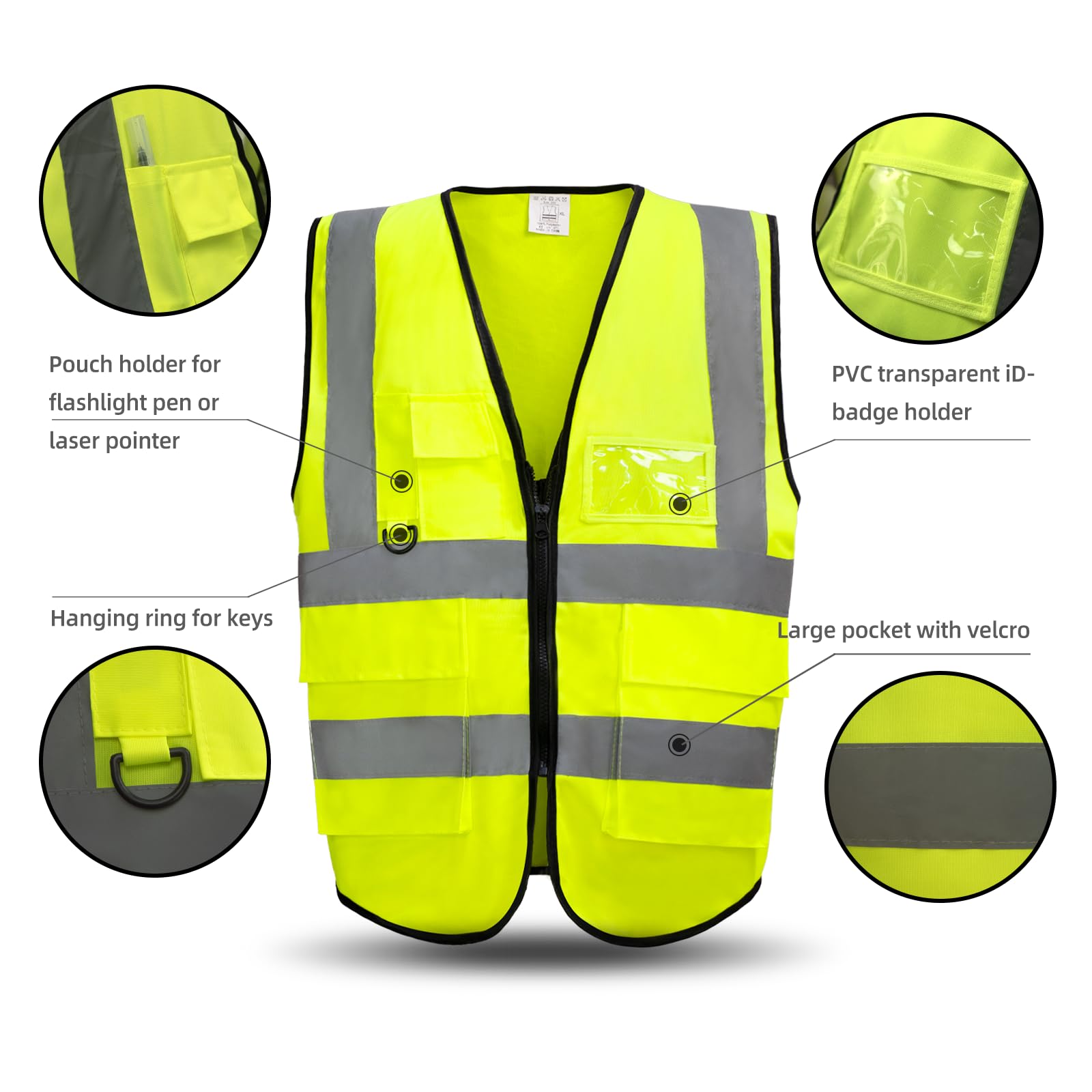 Chaleco Seguridad de Alta Visibilidad | Chaleco Reflectante Multibolsillos | Chaleco Trabajo Reflectante 3 Tamaños - Adecuado para Obras de Construcción, Coches y Motocicletas (L)