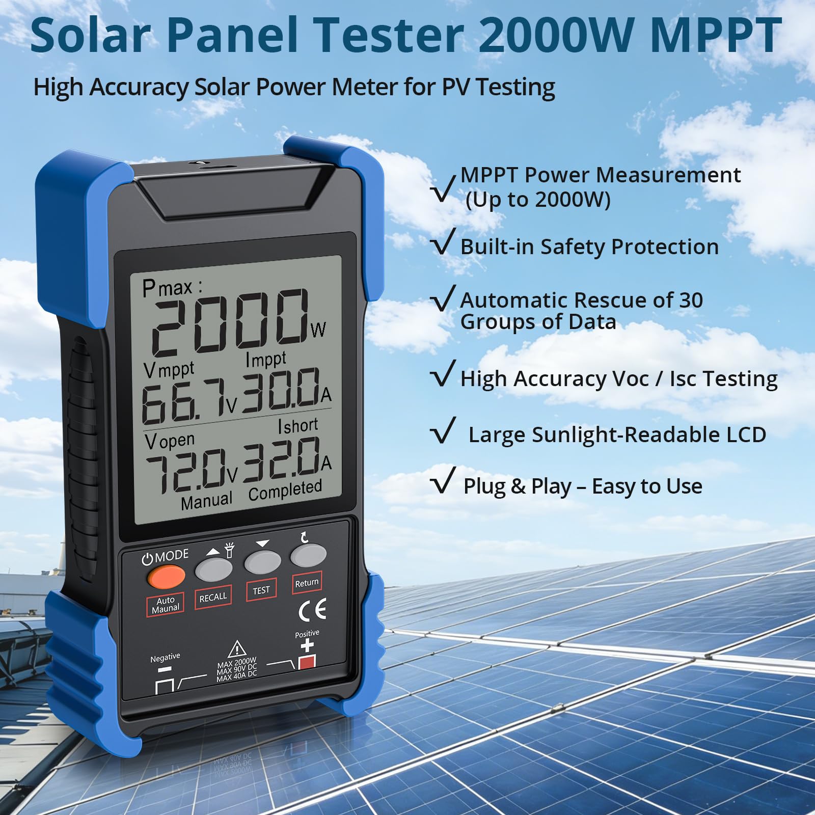 2000W Solarpanel Tester MPPT Photovoltaik Messgerät 3-90V/40A, PV Messer mit LCD Display, Akku & MC4 Anschluss für Solarpanel Prüfung