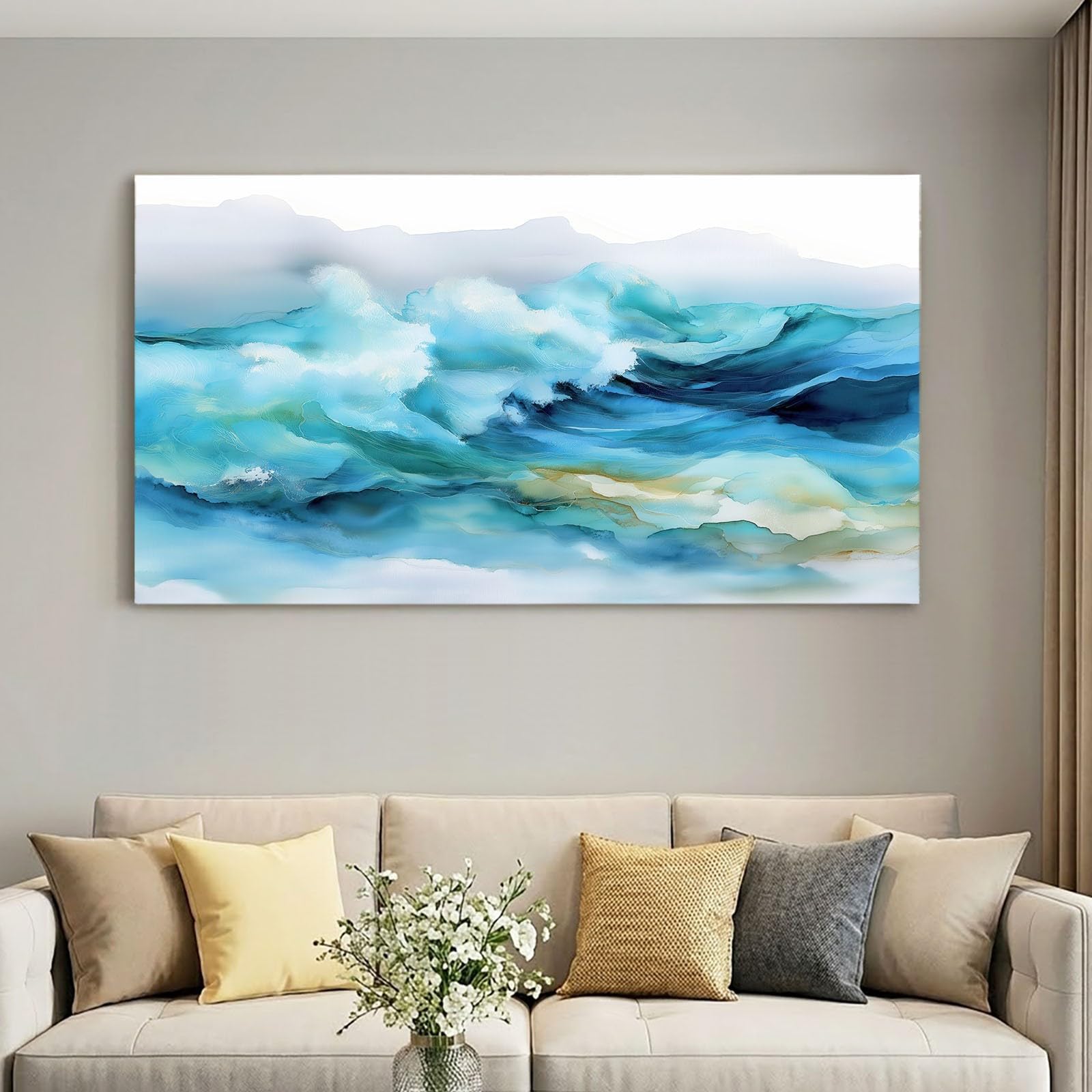 Leinwandbild 120 x 80 cm Leinwandbilder mit Abstrakt, Bild auf Leinwand - Kunstdruck auf Canvas, Bilder Wanddeko für Wohnzimmer, Schlafzimmer, Esszimmer, Berge Wellen Wolken Blau