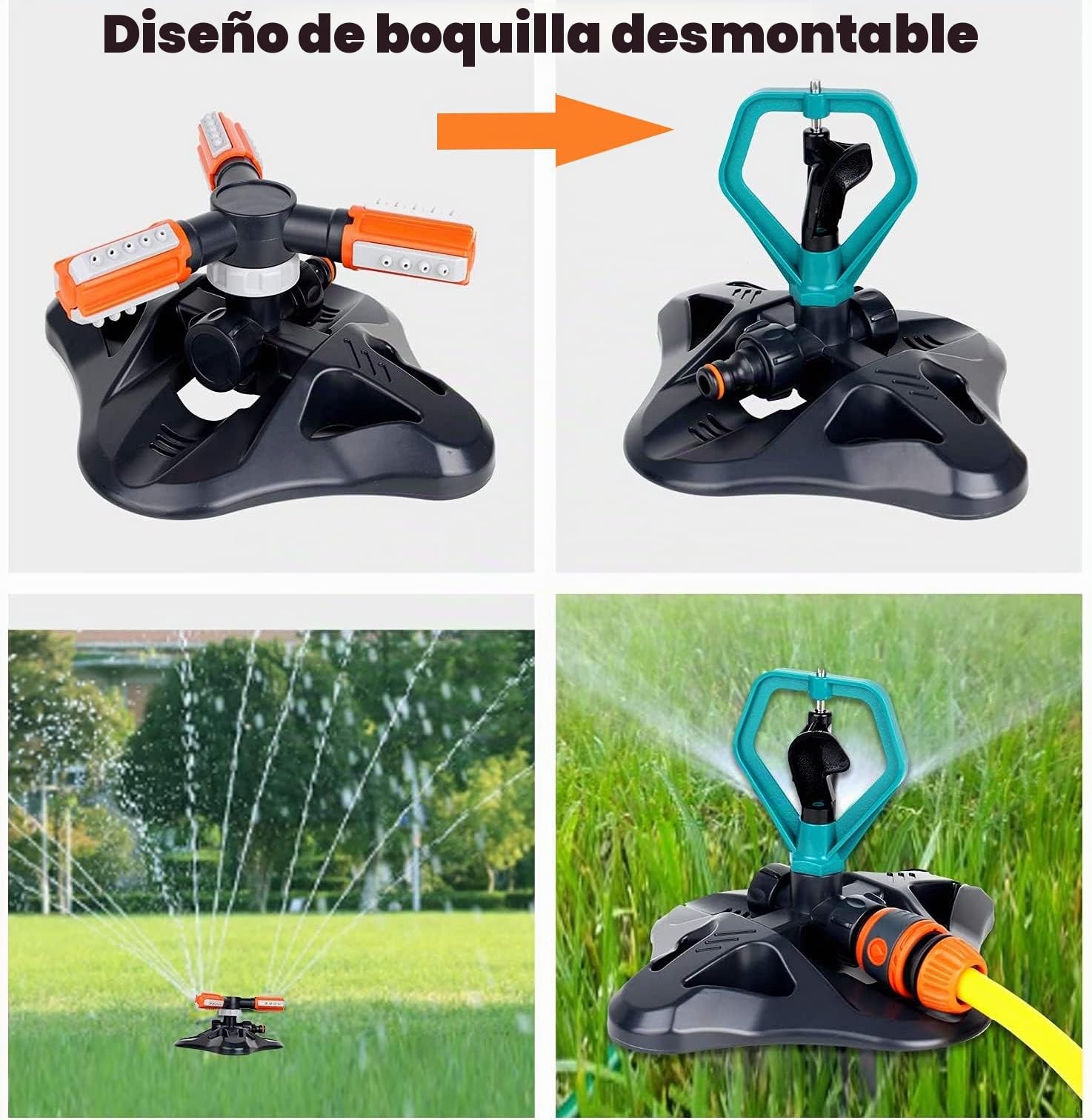 KAHEIGN Rociador De Jardín, 3 Brazos 360° Rotación Automática Ajustable Aspersores De Agua Para Jardín Sistema De Riego De Césped Para Garden Park Yard - Con Conectores Rápidos Y Cabezal De Rociador