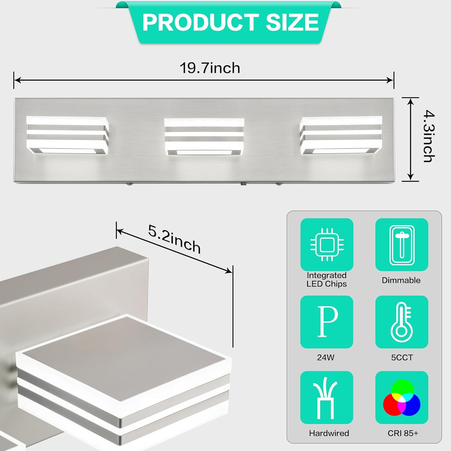 SOLFART LED Bathroom Vanity Light Fixtures： 3 Light Brushed Nickel Modern Acrylic Bathroom Wall Lighting Fixtures Over Mirror 20in 5CCT