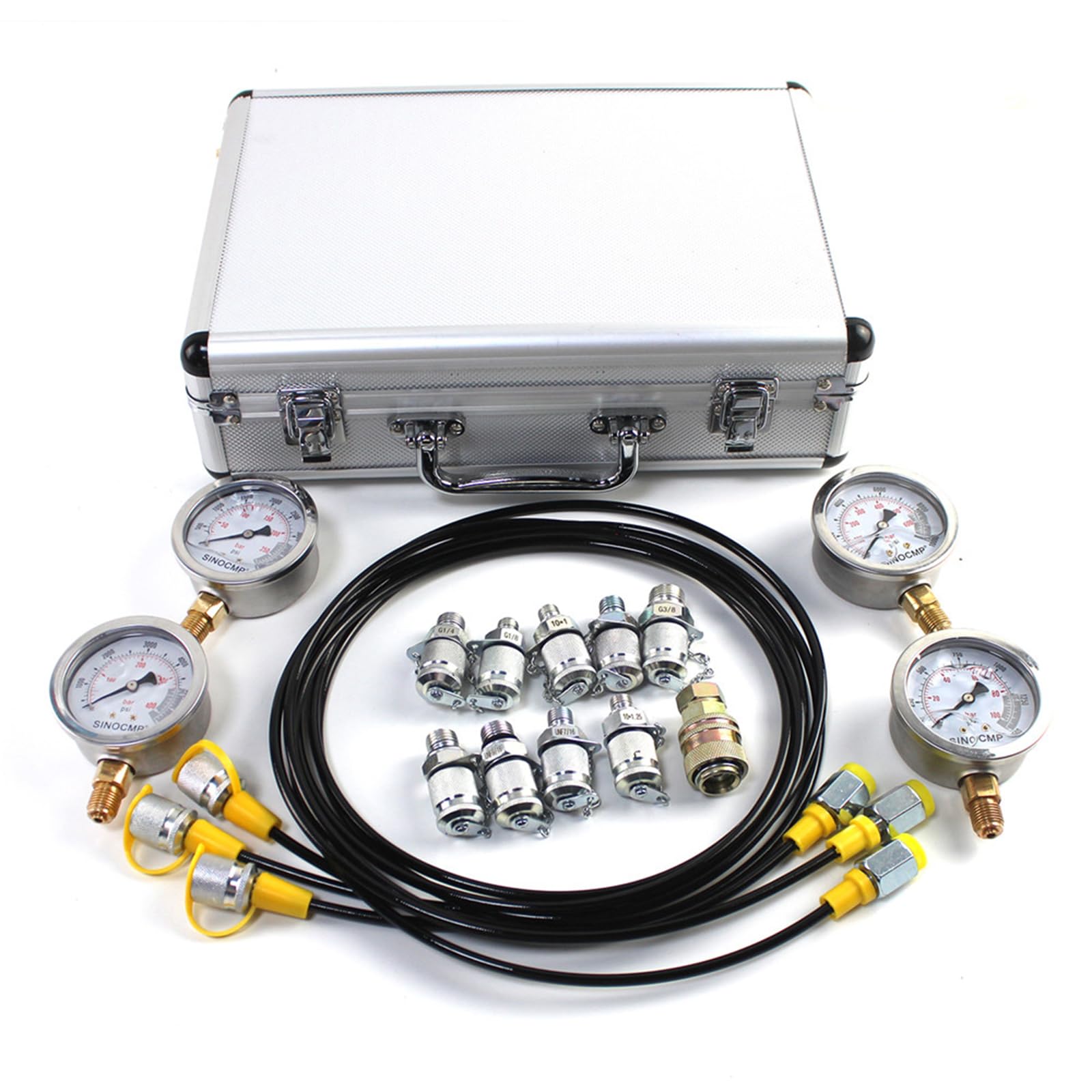 Kit manometro per prova di pressione idraulica con 4 manometri 10/25/40/60 Mpa, 9 raccordi e 3 tubi flessibili di prova lunghi 150 cm, strumento diagnostico del manometro per escavatori, con custodi