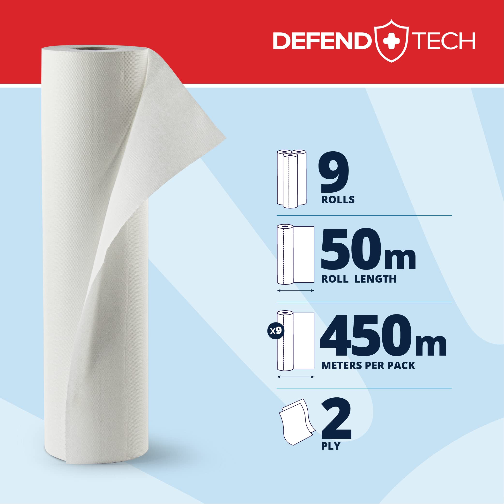 Papernet Defend Tech - Medizinische Liegeabdeckung (419287), Hygienische Einweg-Rolle aus reiner Zellulose mit antibakterieller Formel, 2-lagiges Papier, 9 Rollen, 143 Blatt pro Rolle