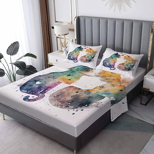 Sábanas de gato tamaño Queen, sábanas de cama con diseño de corazón, sábanas y fundas de almohada de 4 piezas, sábana bajera ajustable de microfibra