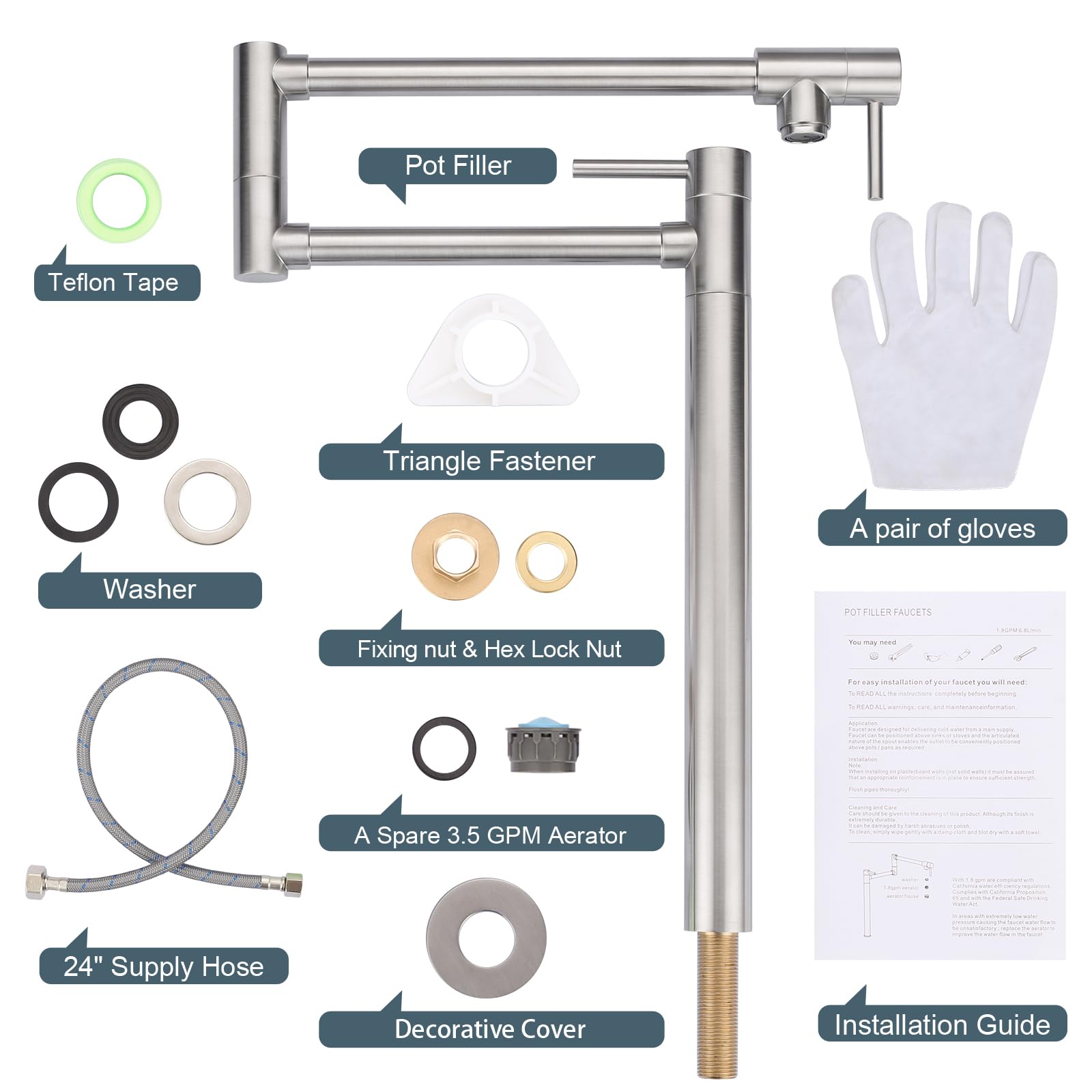 WOWOW Grifo de llenado de ollas, montaje sobre estufa, latón macizo, níquel cepillado, grifo plegable para cocina con brazo oscilante elástico de doble junta (estilo moderno, níquel cepillado)