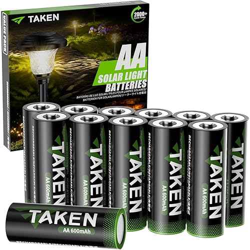 Taken 12-Pack Rechargeable AA NiMH High-Capacity Batteries, AA Batteries for Solar Lights, Pathway Lights, String Lights, Double A 1.2V 600mAh Solar Batteries