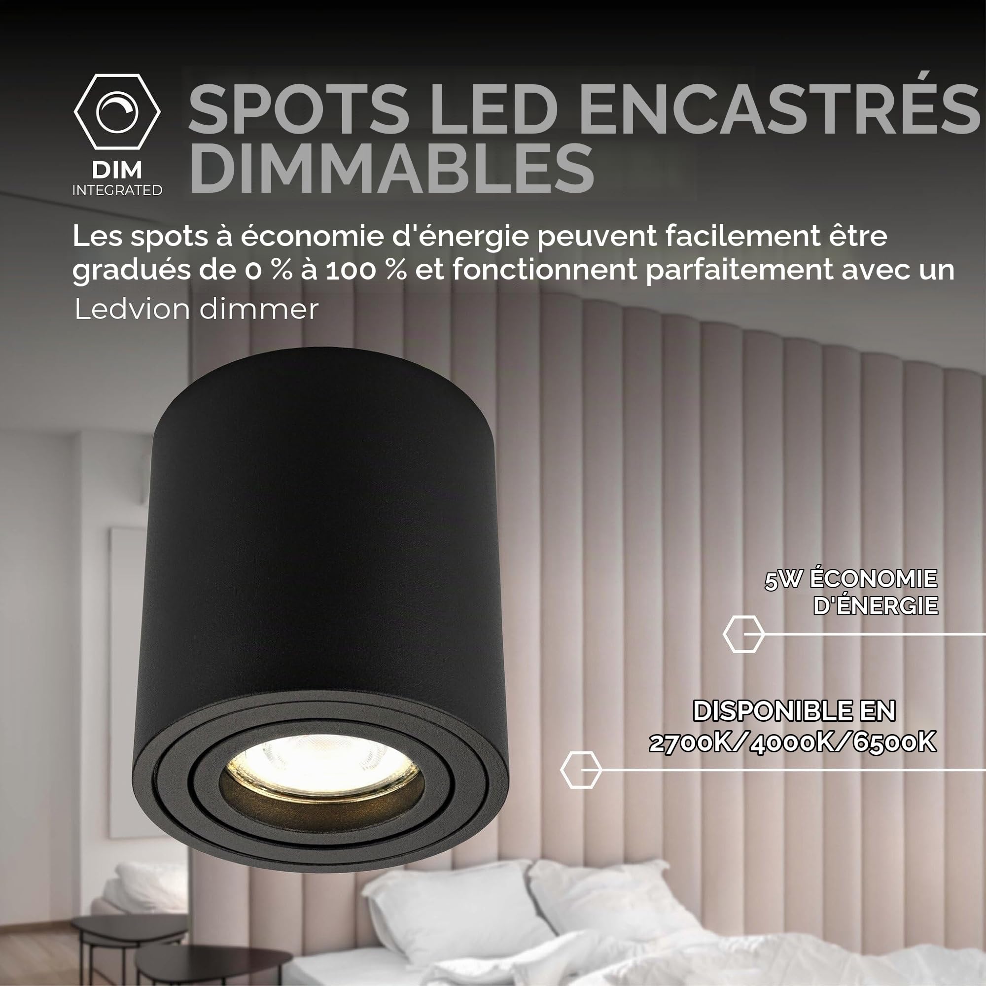 Ledvion lot de 6 spot LED en saillie noir rond 3W blanc chaud dimmable