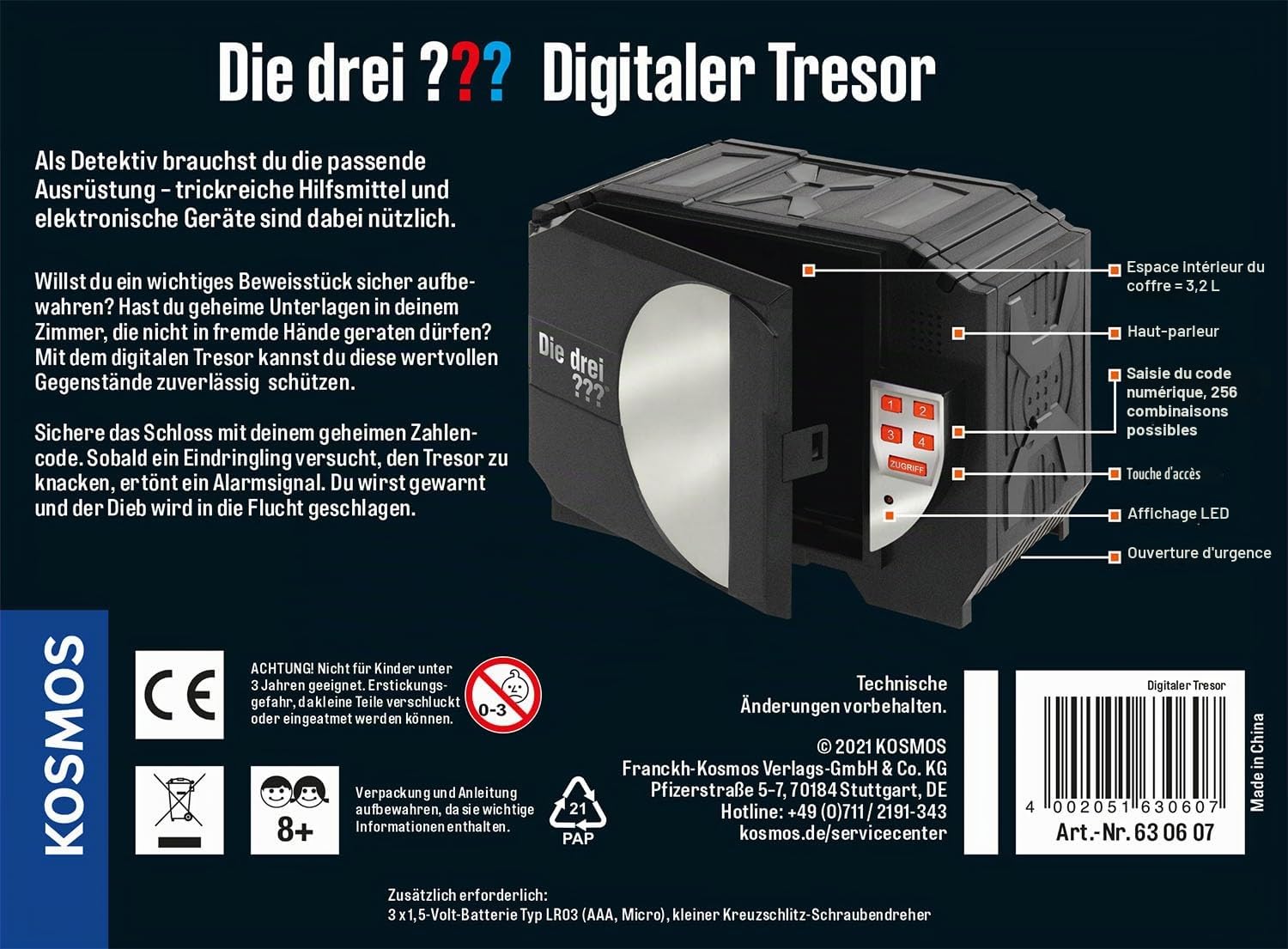 Kosmos 630607 Le Trois-Coffre-Fort numérique protège Vos Secrets avec Un Code et Une Alarme vocale, Jeu de Jouets de détective pour Enfants à partir de 8 Ans et Plus Mini Safe