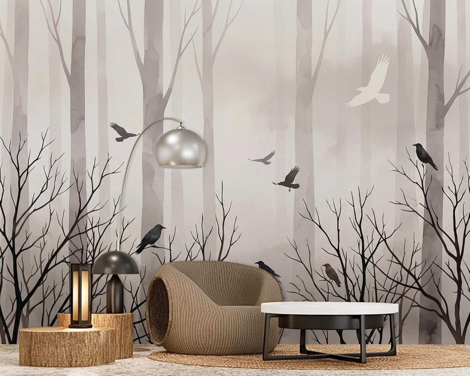 Photo wallpaper Forest Watercolor Taupe and Birds Non-woven wallpaper Modern Living Room Bedroom Children's Room Wall Decor Motif Wallpaper, 400cm x 280cm Stickers - Frameless Painting - Poster