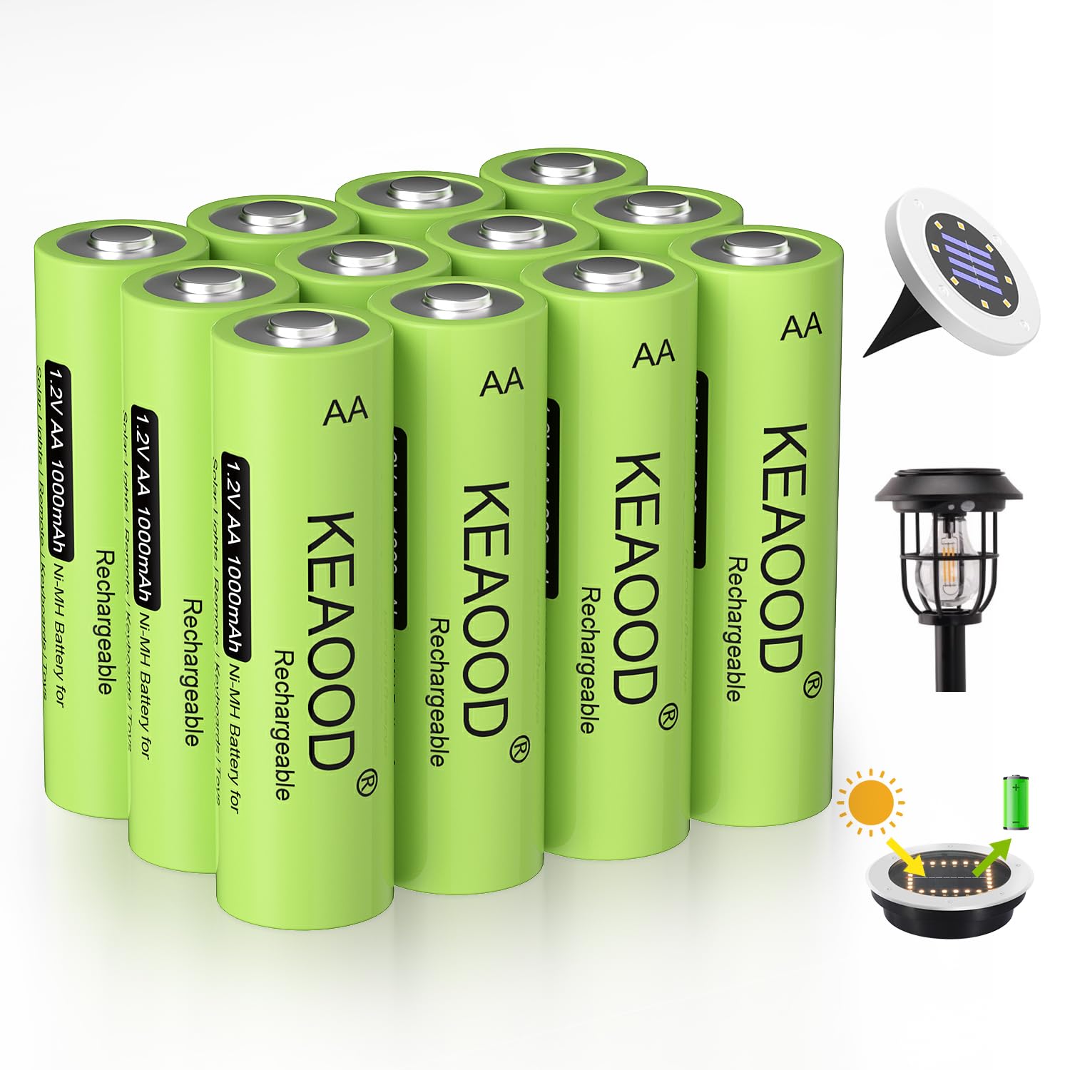 KEAOOD Ni-MH Rechargeable AA Solar Batteries 1.2v Pre-Charged 1000mAh Double A Battery for Solar Lights, String Lights，Pathway Lights (AA 1000mAh -