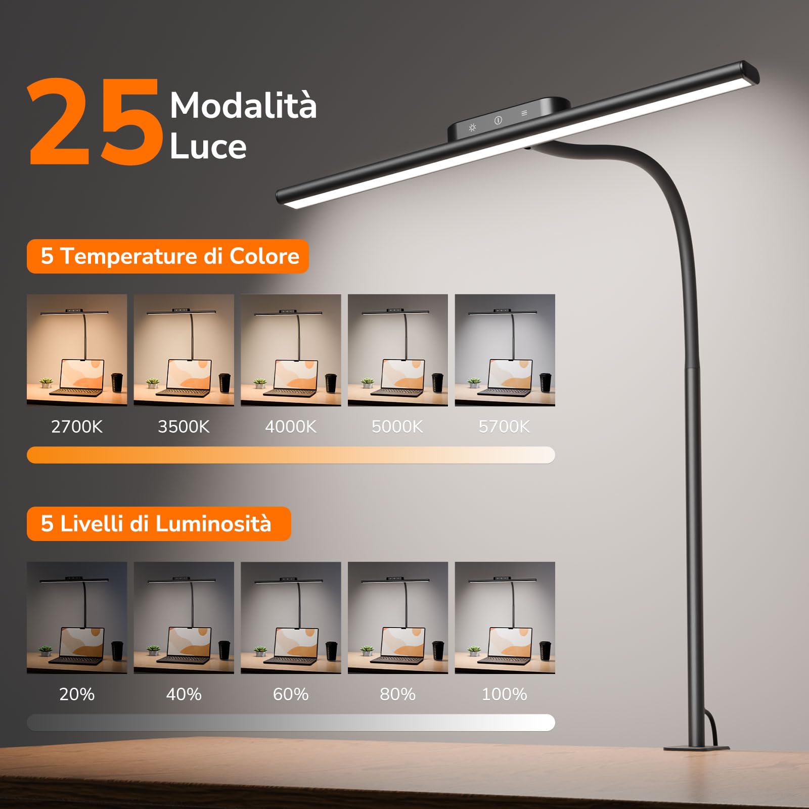 Lepro Lampada da Scrivania LED Clip Touch 700LM,Nero | 25 modalità illuminazione, rotazione 360°, protezione occhi per lettura e ufficio