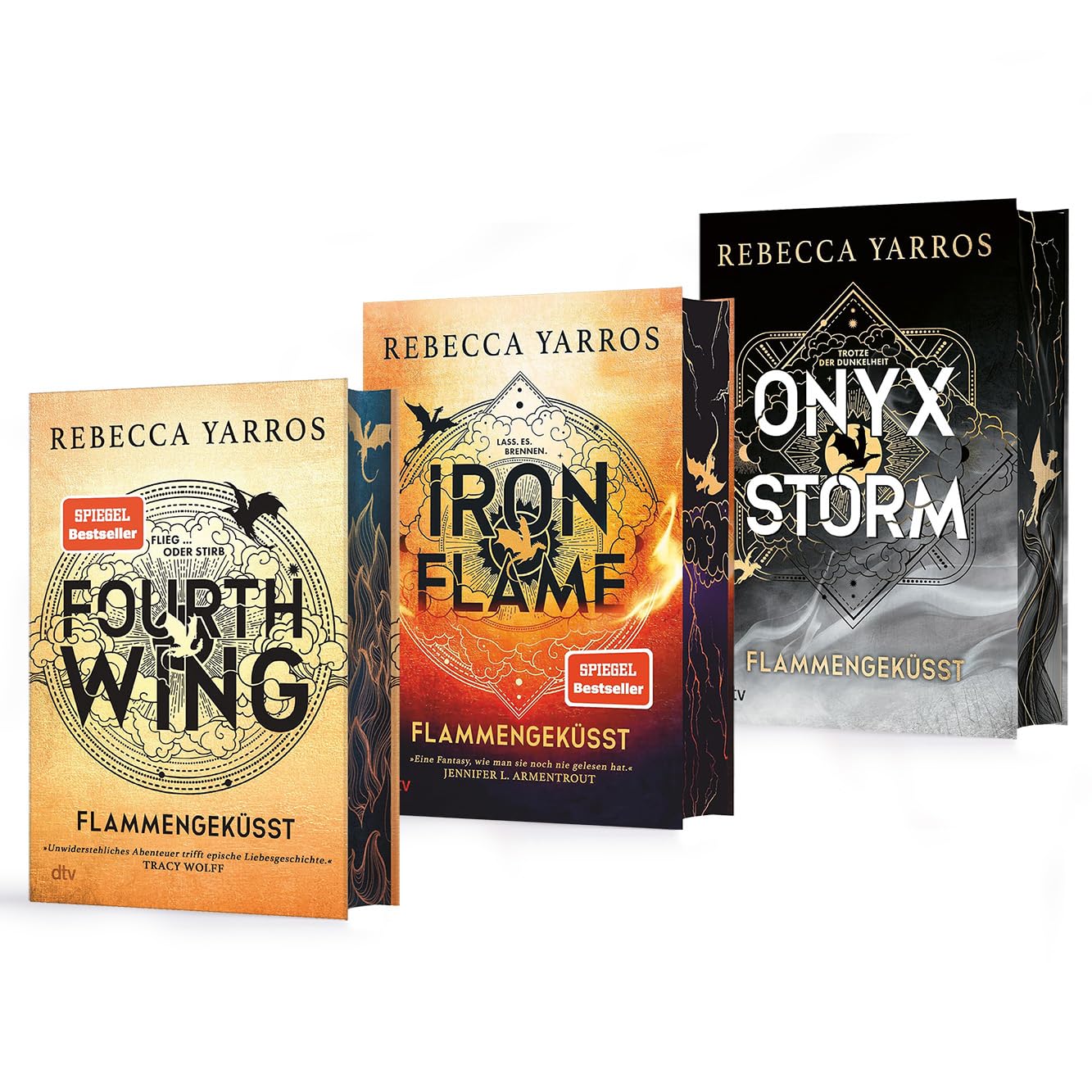 Rebecca Yarros - Fourth Wing, Iron Flame, Onyx Storm – Flammengeküsst Band 1-3 als Deluxe-Ausgaben Farbschnitt Bücherset – Fantasy-Bestseller Liebe Drachen & Abenteuer mit einem exklusiven Lesezeichen