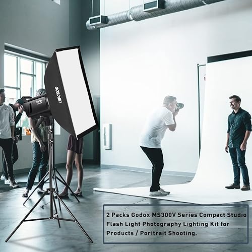 Miniatura 5 de Godox Kit de flash de estudio MS300V (2 x 300 W) con 2 cajas de luz, 2 soportes de luz, 2 reflectores, lámparas de modelado LED, sistema inalámbrico