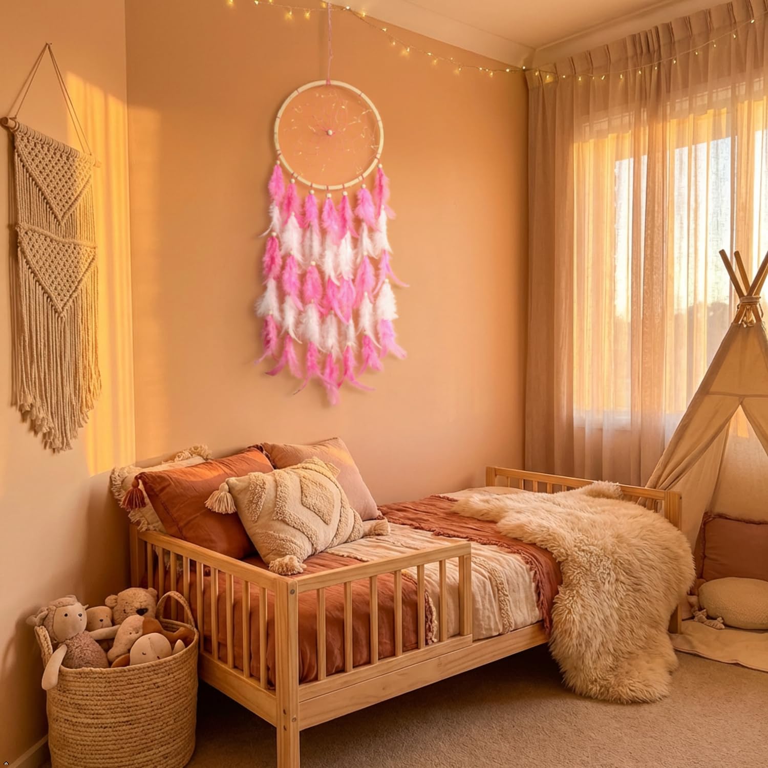 THE URBAN ARTISTIC Wood Handcrafted Dream Catcher for Bedroom,Living Room,Home Decor with Light, Positive Energy Decorative Show Piece |Rustic Boho Wall Hanging | Big Size (Color-Pink, 7inch Ring)-picture-26