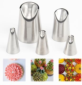 Flower Piping Tip Set, 5-Piece Stainless Steel Chrysanthemum and Tulip Korean Style Nozzles Buttercream Bean Paste Frosting Icing Tips for Cake Decoration Cupcakes Cookies Baking Tools