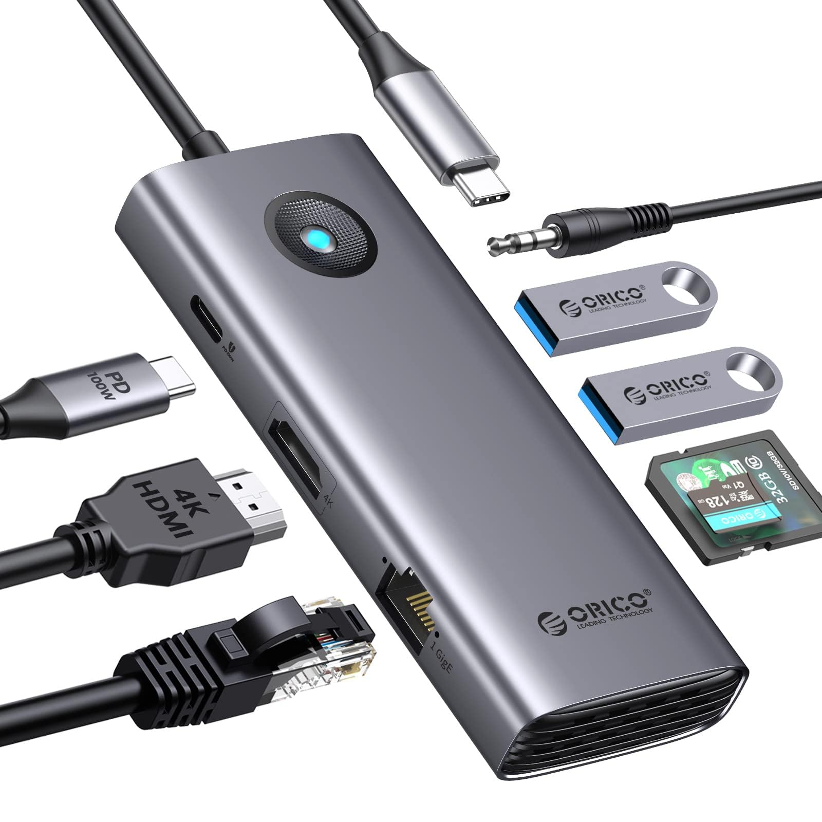ORICO USB C ハブ 8-in-1 2*USB3.0ポート 4K@60Hz HDMIポート 100W PD充電 1Gbpsイーサネット TF/SDカードリーダー オーディオポート 5Gbpsデータ転送 Type-Cアダプター Windows/Mac/Linux/Androidなどのノートパソコン/タブレット/PC対応 グレー