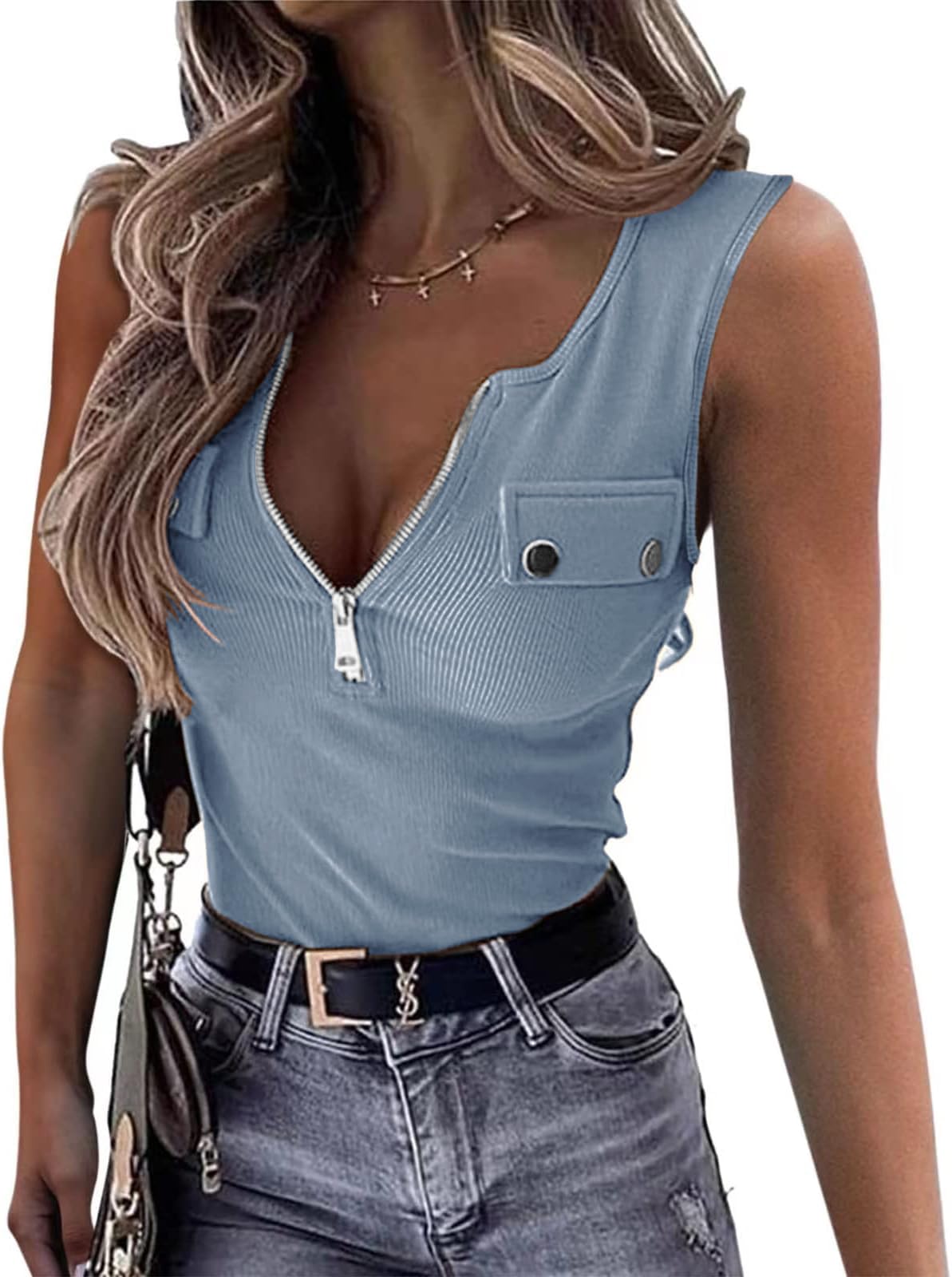ELFIN Damen Ärmellos Tank Top Gerippt Sommer Sexy Oberteile Reißverschluss Stretch Weste Slim Fit Basic Shirt Ribbed Tops