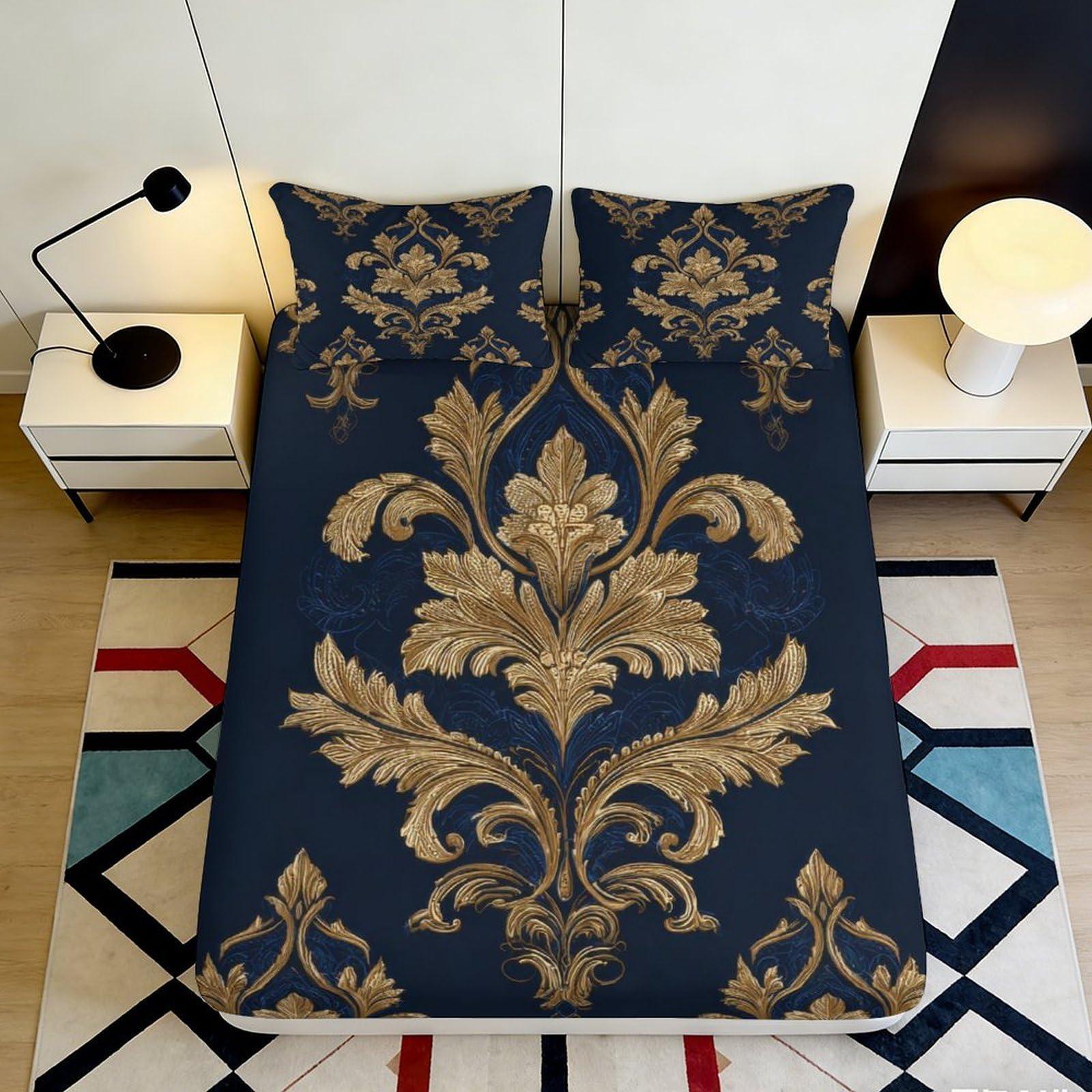 3D Printed Baroque Floral Fitted Sheet Microfiber Soft Gold Damask Bed Cover for Bedroom Guest Room Dorm Mattress Protection 90x200x25cm